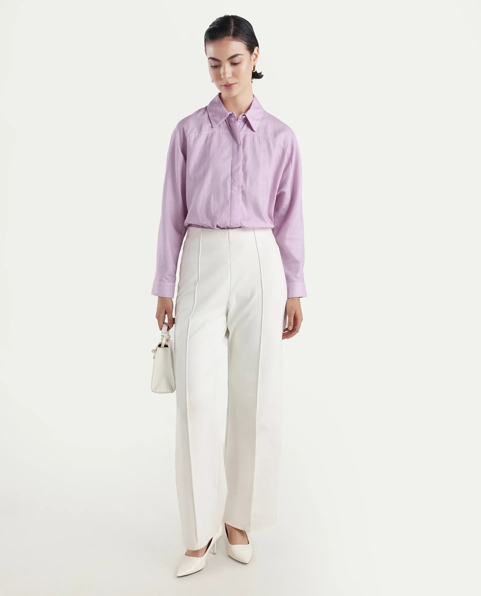 Rareism Women's Repen Light Purple Cotton Blend Drop Collar Geometric Print Boxy Fit Shirt