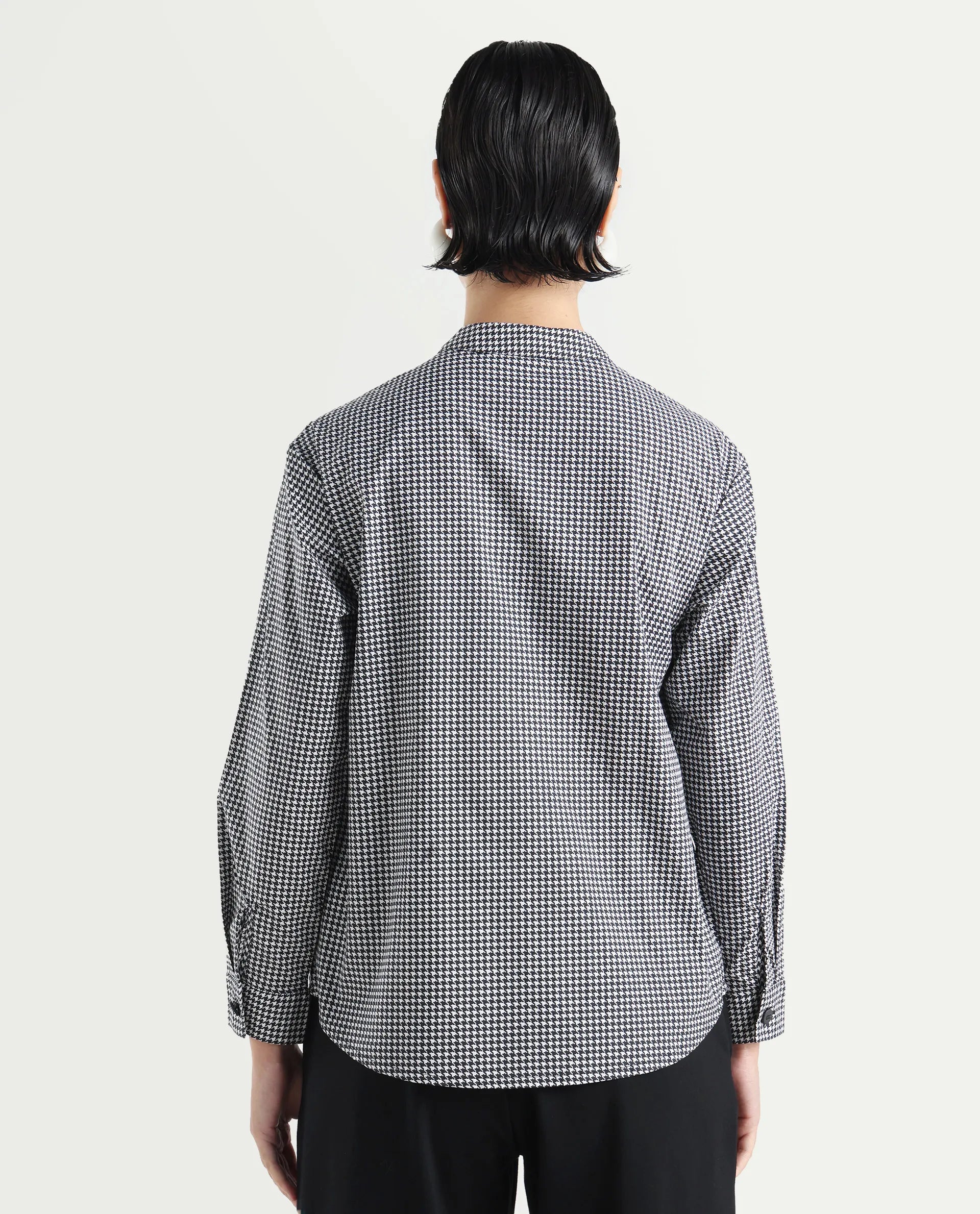 Rareism Women's Neumip Multi Cotton High Neck Houndstooth Print Regular Fit Top