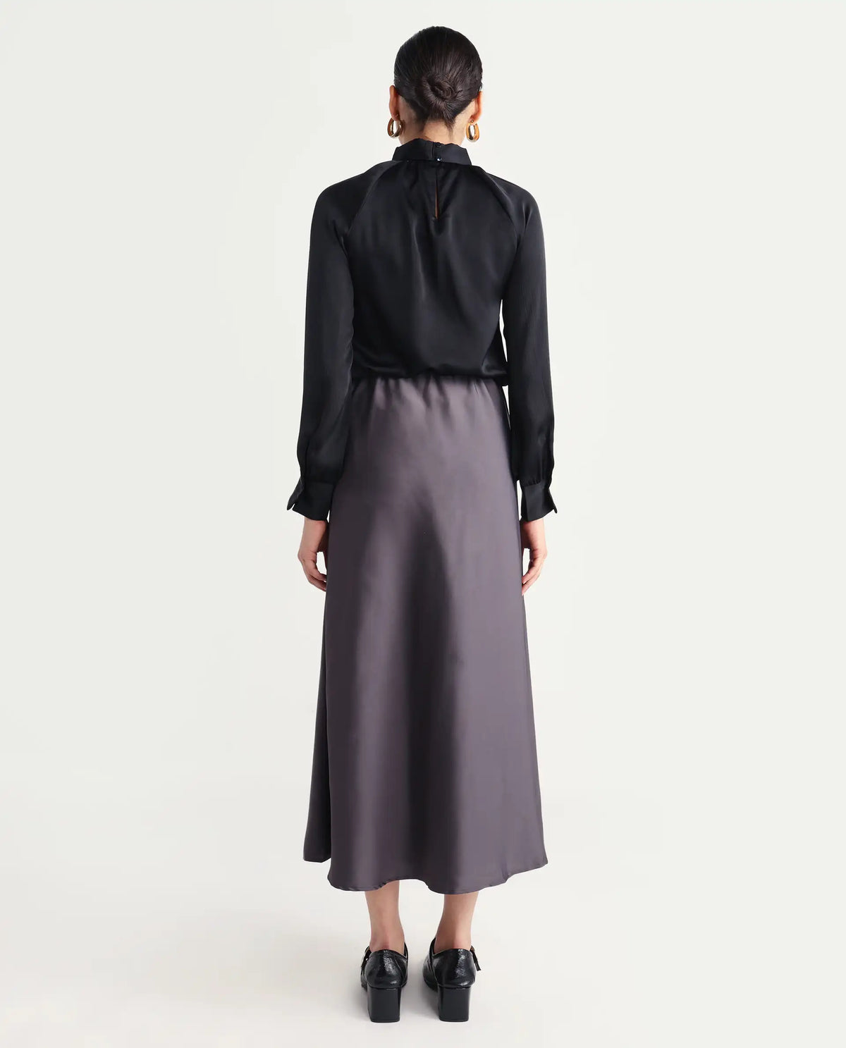 Rareism Women's Niyano Grey Satin Plain Ankle Length Regular Fit Skirt
