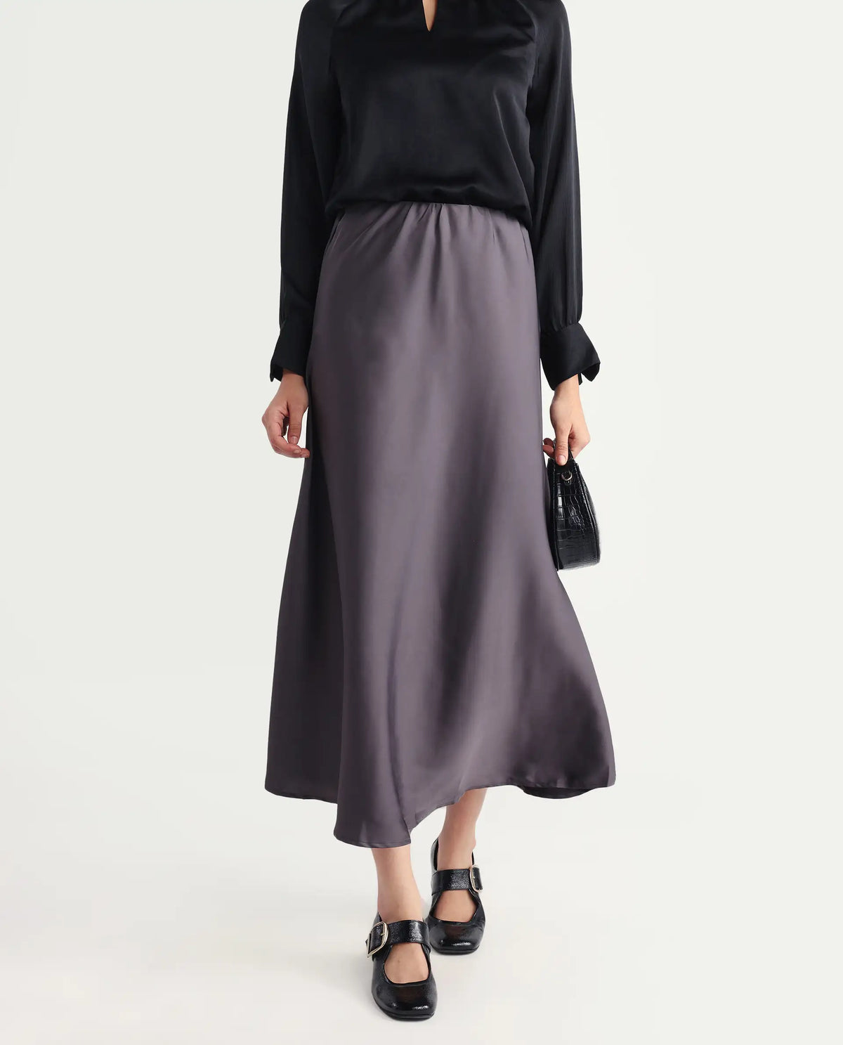 Rareism Women's Niyano Grey Satin Plain Ankle Length Regular Fit Skirt