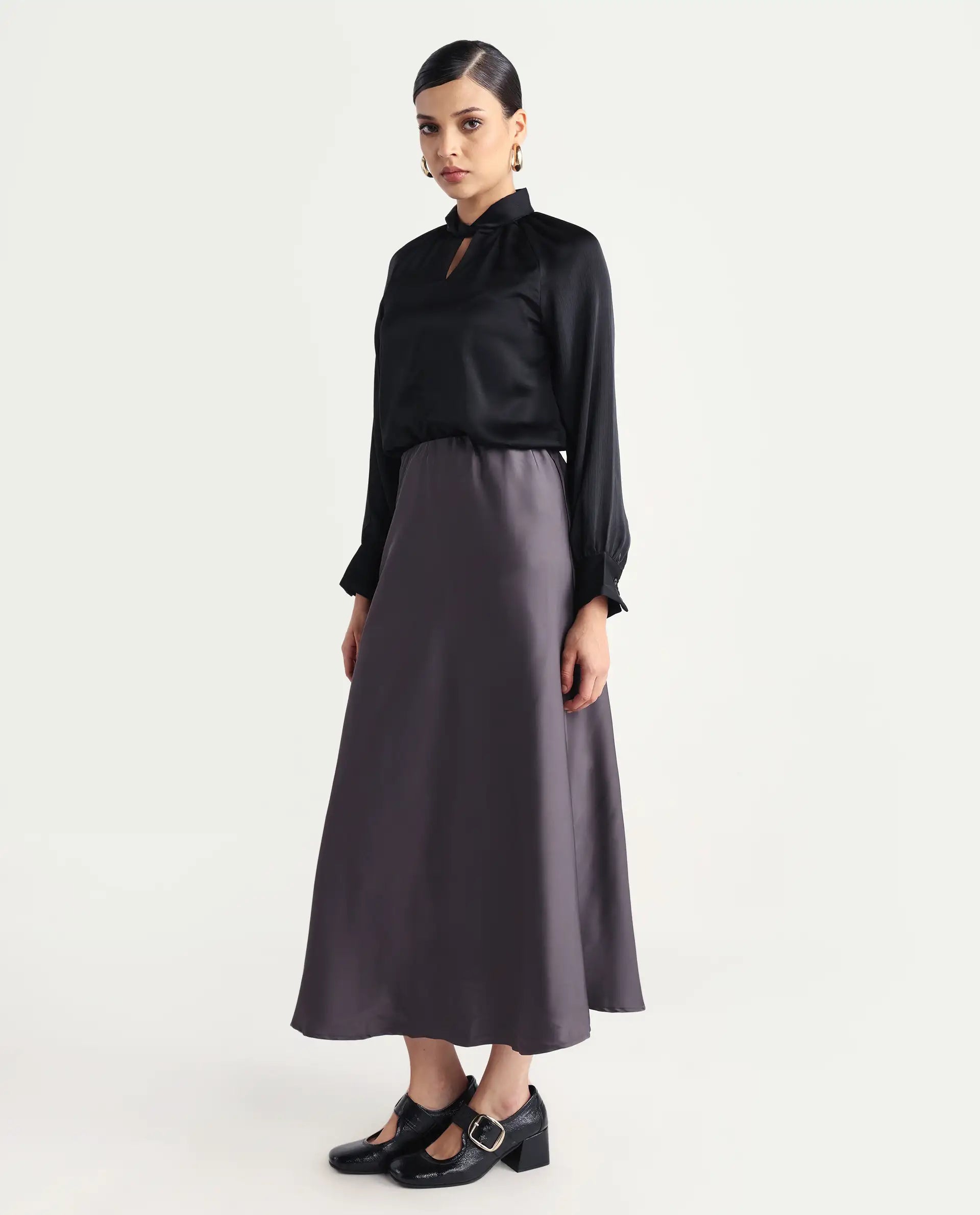 Rareism Women's Niyano Grey Satin Plain Ankle Length Regular Fit Skirt