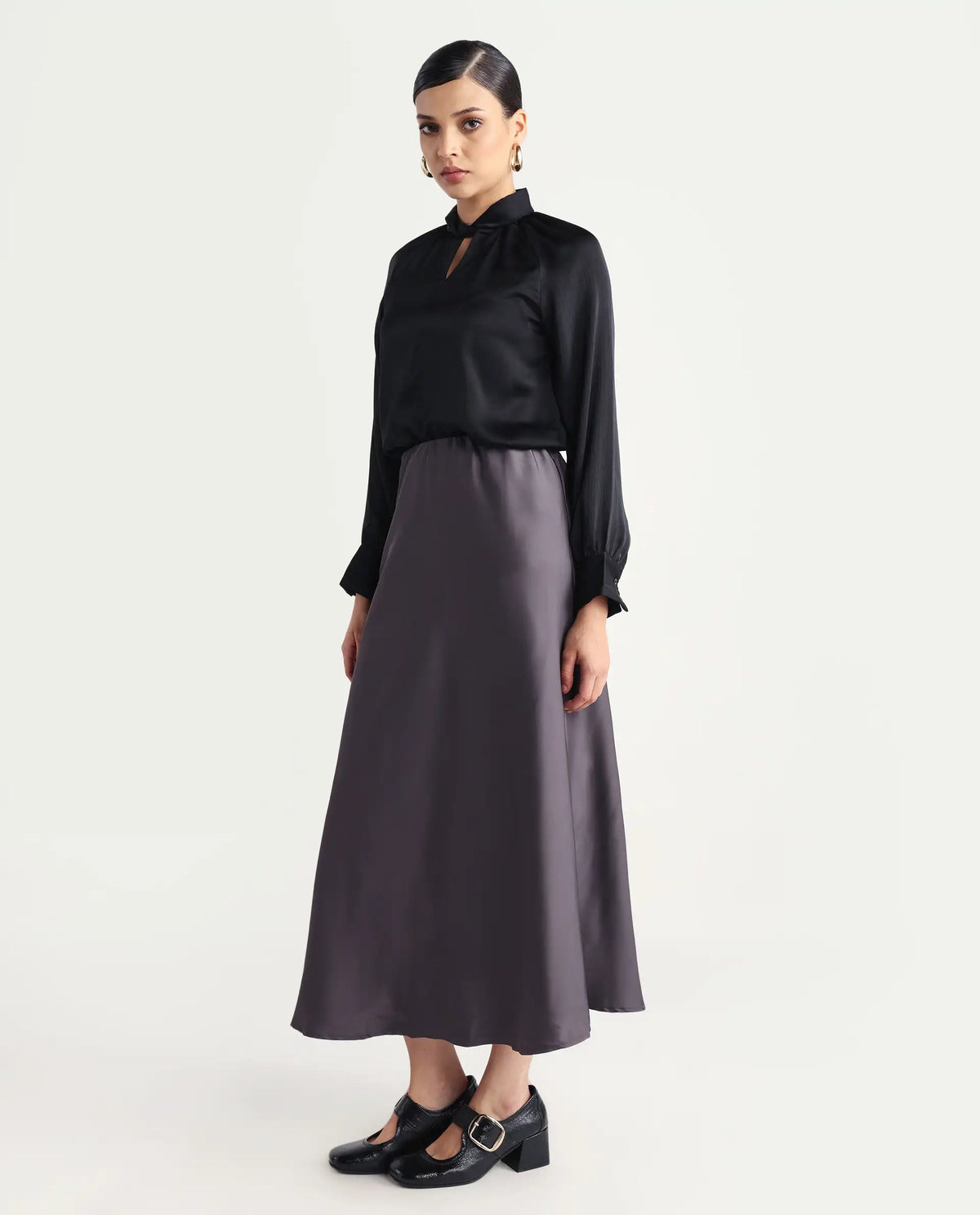 Rareism Women's Niyano Grey Satin Plain Ankle Length Regular Fit Skirt