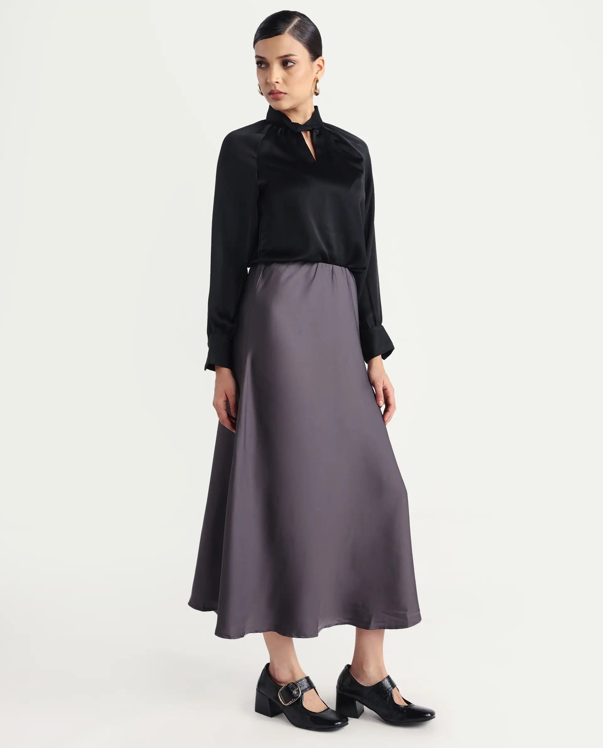 Rareism Women's Niyano Grey Satin Plain Ankle Length Regular Fit Skirt