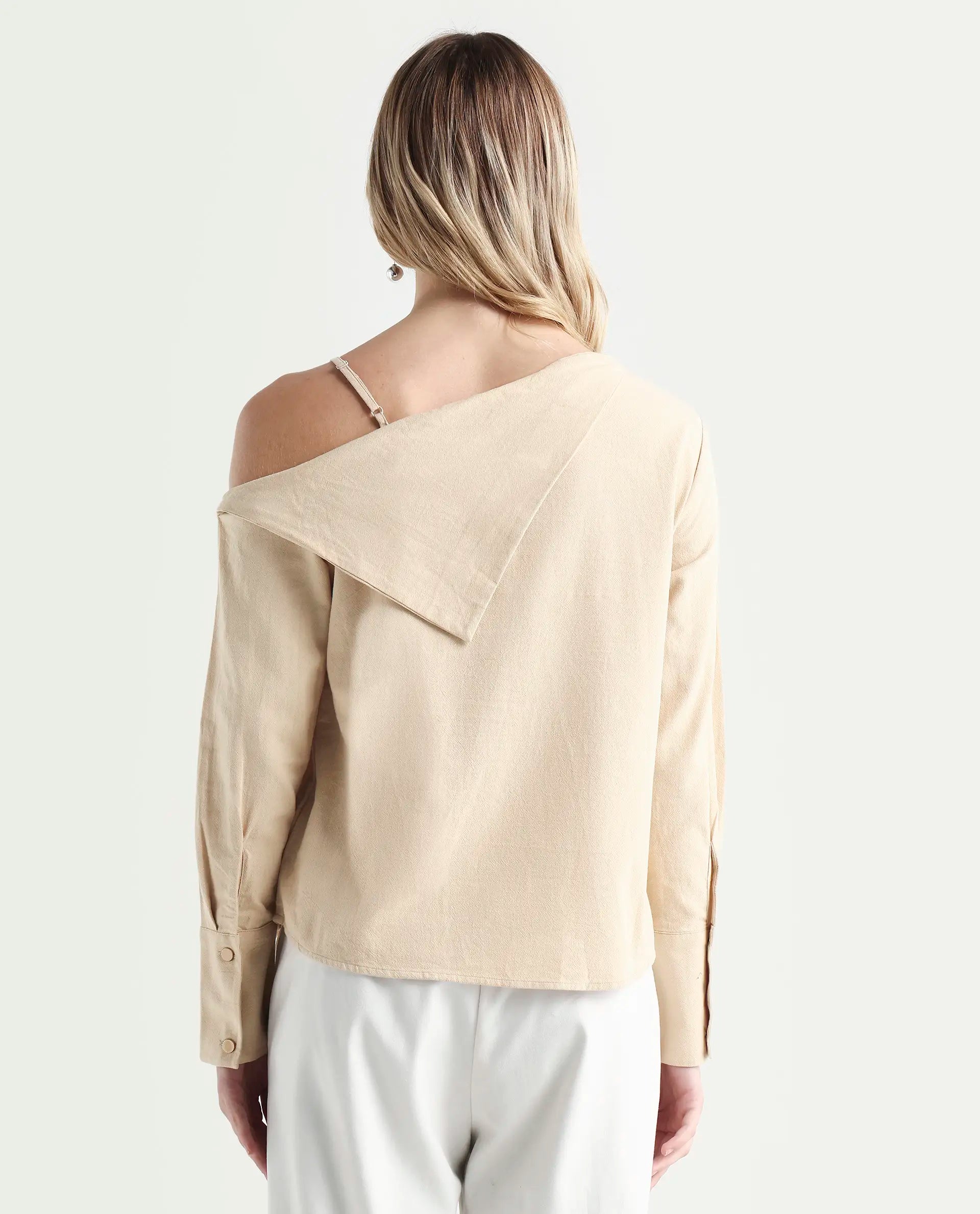 Rareism Women's Nimlu Light Sand Cotton Collarless Plain Cuffed Sleeve Regular Fit Top
