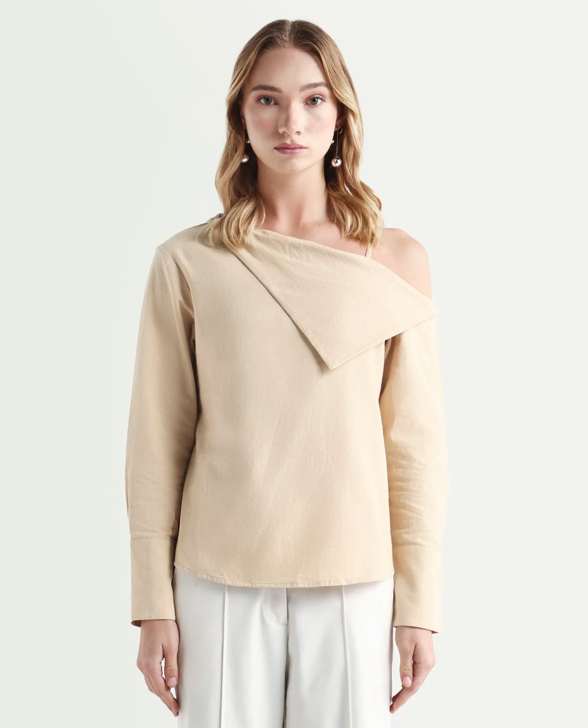 Rareism Women's Nimlu Light Sand Cotton Collarless Plain Cuffed Sleeve Regular Fit Top