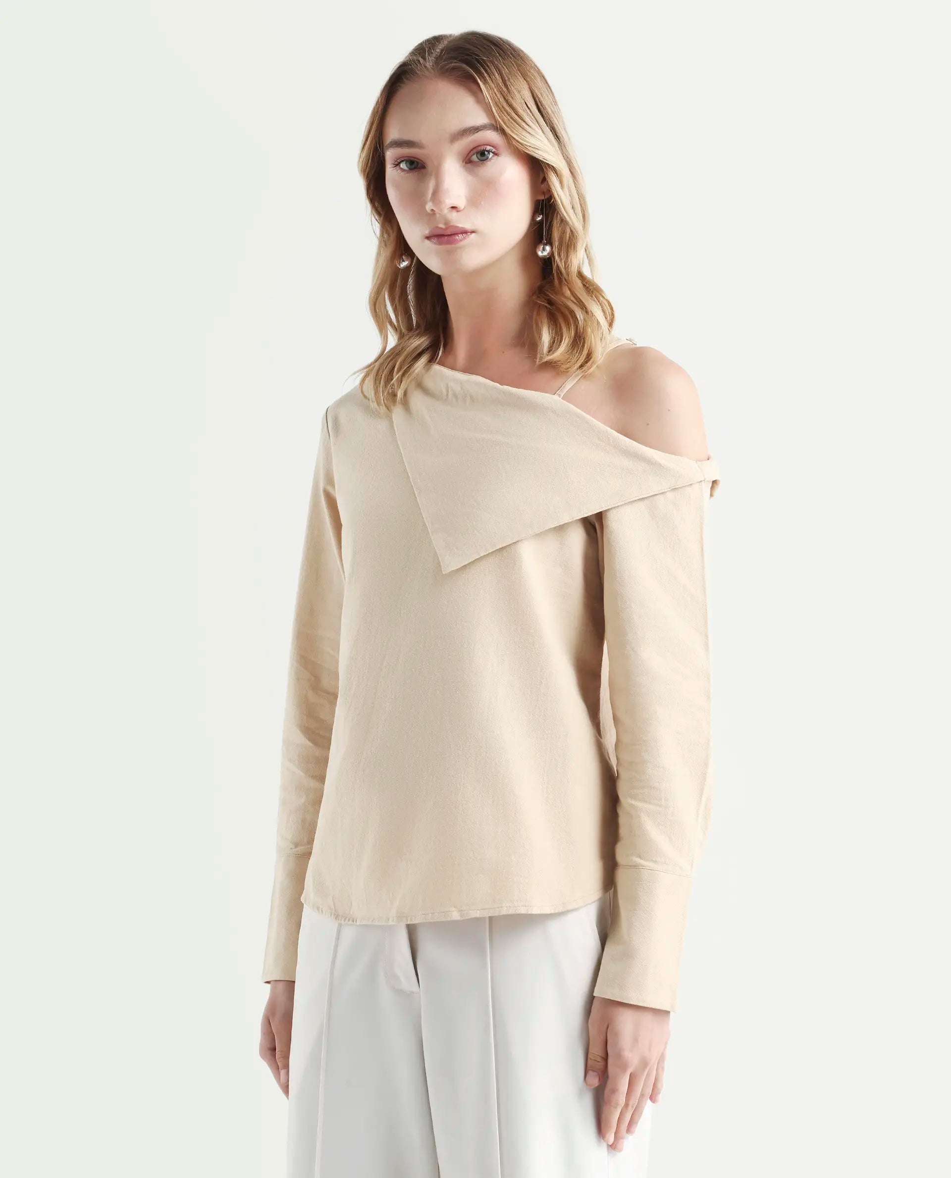 Rareism Women's Nimlu Light Sand Cotton Collarless Plain Cuffed Sleeve Regular Fit Top