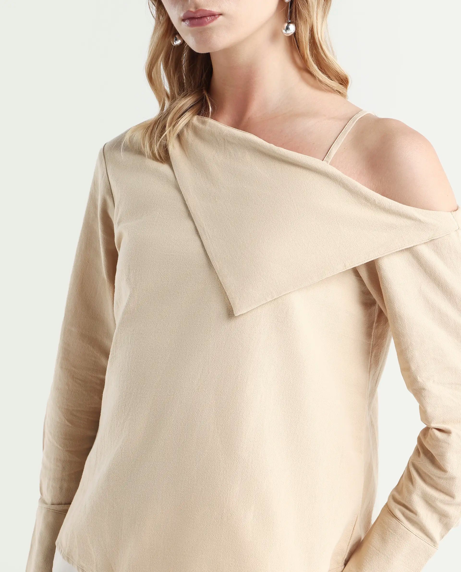 Rareism Women's Nimlu Light Sand Cotton Collarless Plain Cuffed Sleeve Regular Fit Top