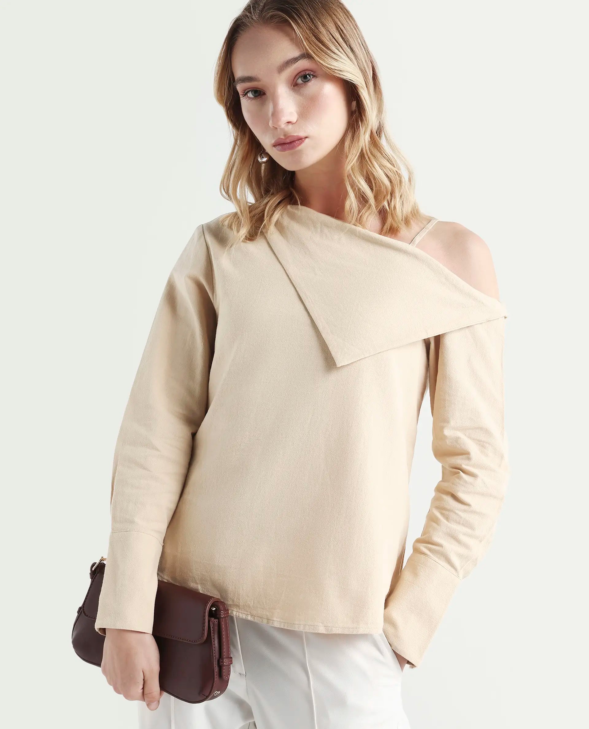 Rareism Women's Nimlu Light Sand Cotton Collarless Plain Cuffed Sleeve Regular Fit Top