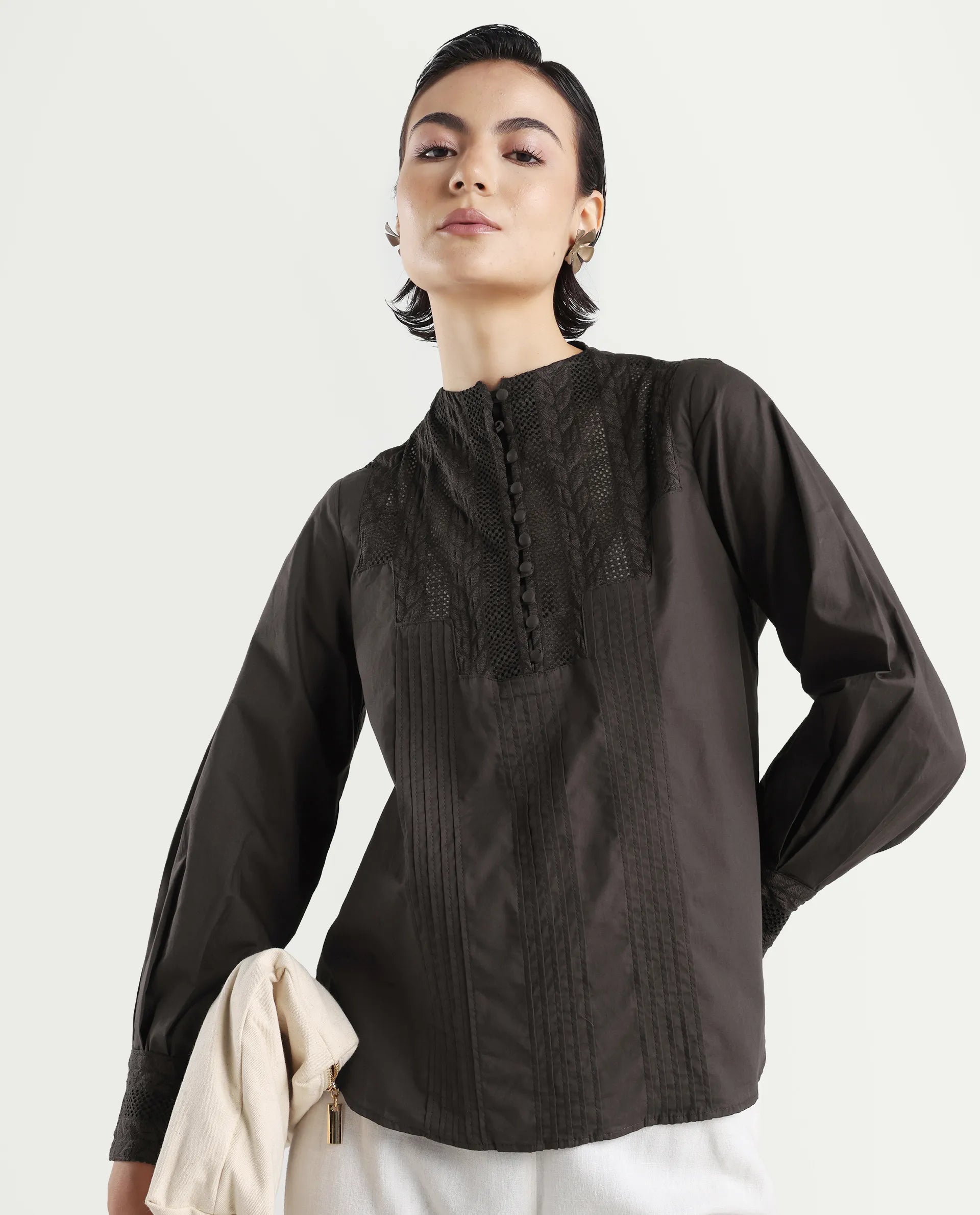 Rareism Women's Olafi Brown Cotton High Neck Plain Bishop Sleeve Regular Fit Top