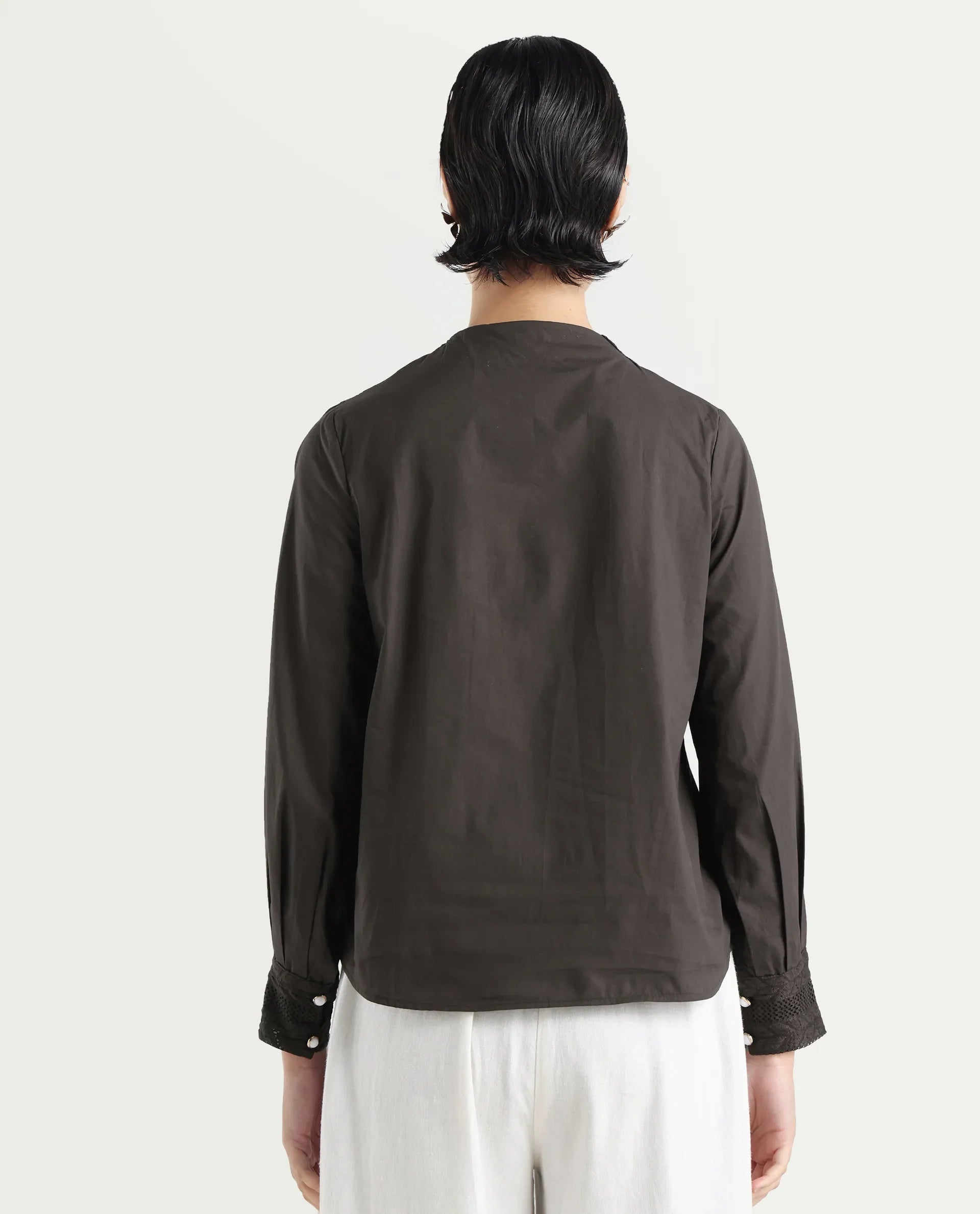 Rareism Women's Olafi Brown Cotton High Neck Plain Bishop Sleeve Regular Fit Top