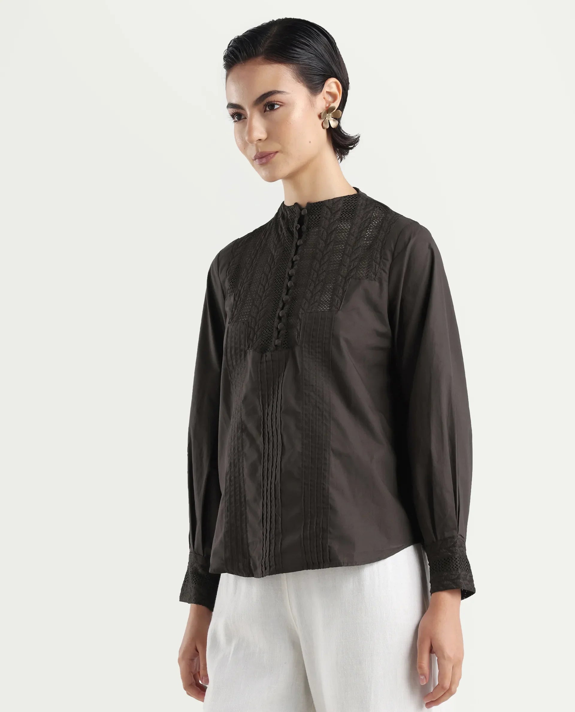 Rareism Women's Olafi Brown Cotton High Neck Plain Bishop Sleeve Regular Fit Top