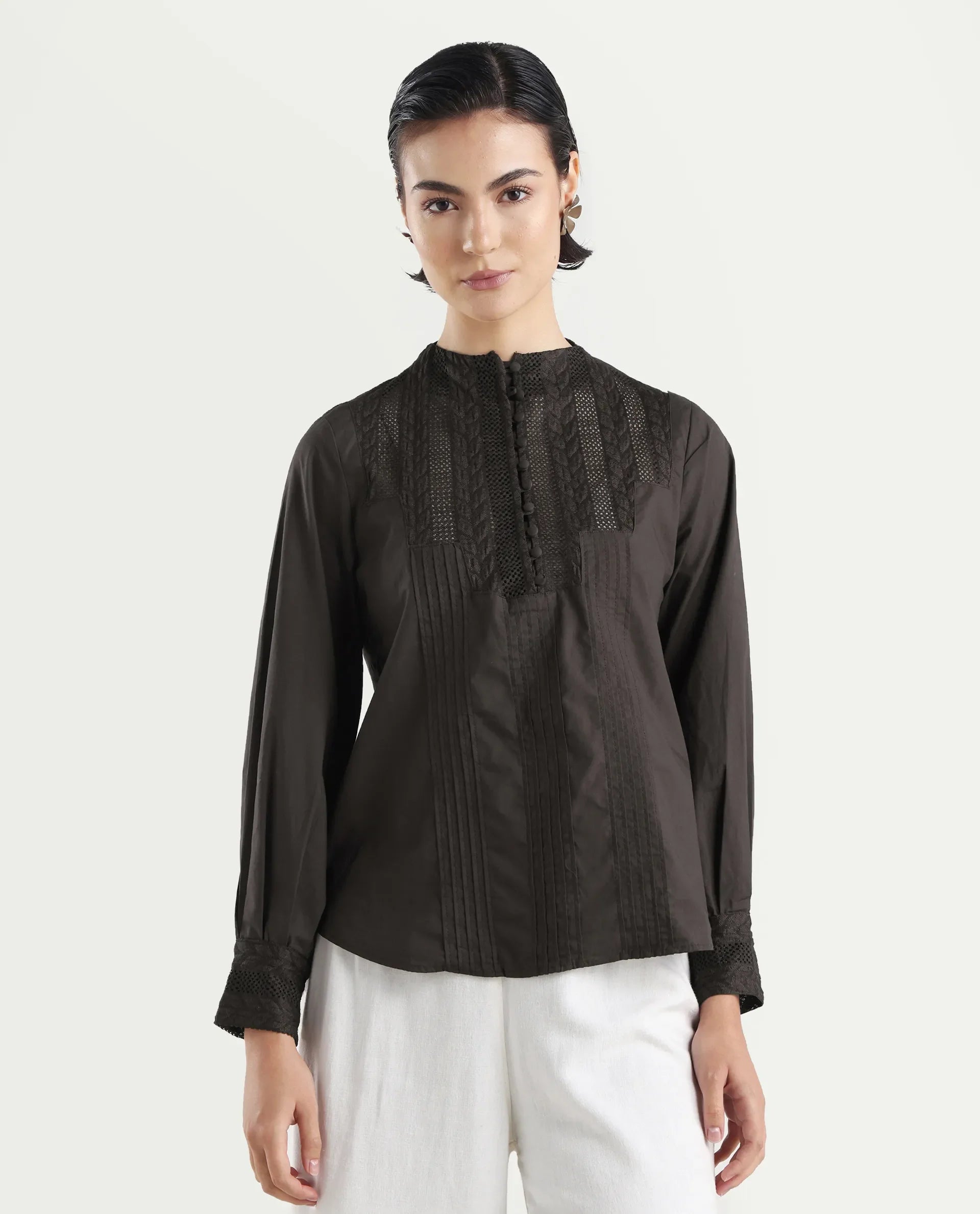 Rareism Women's Olafi Brown Cotton High Neck Plain Bishop Sleeve Regular Fit Top