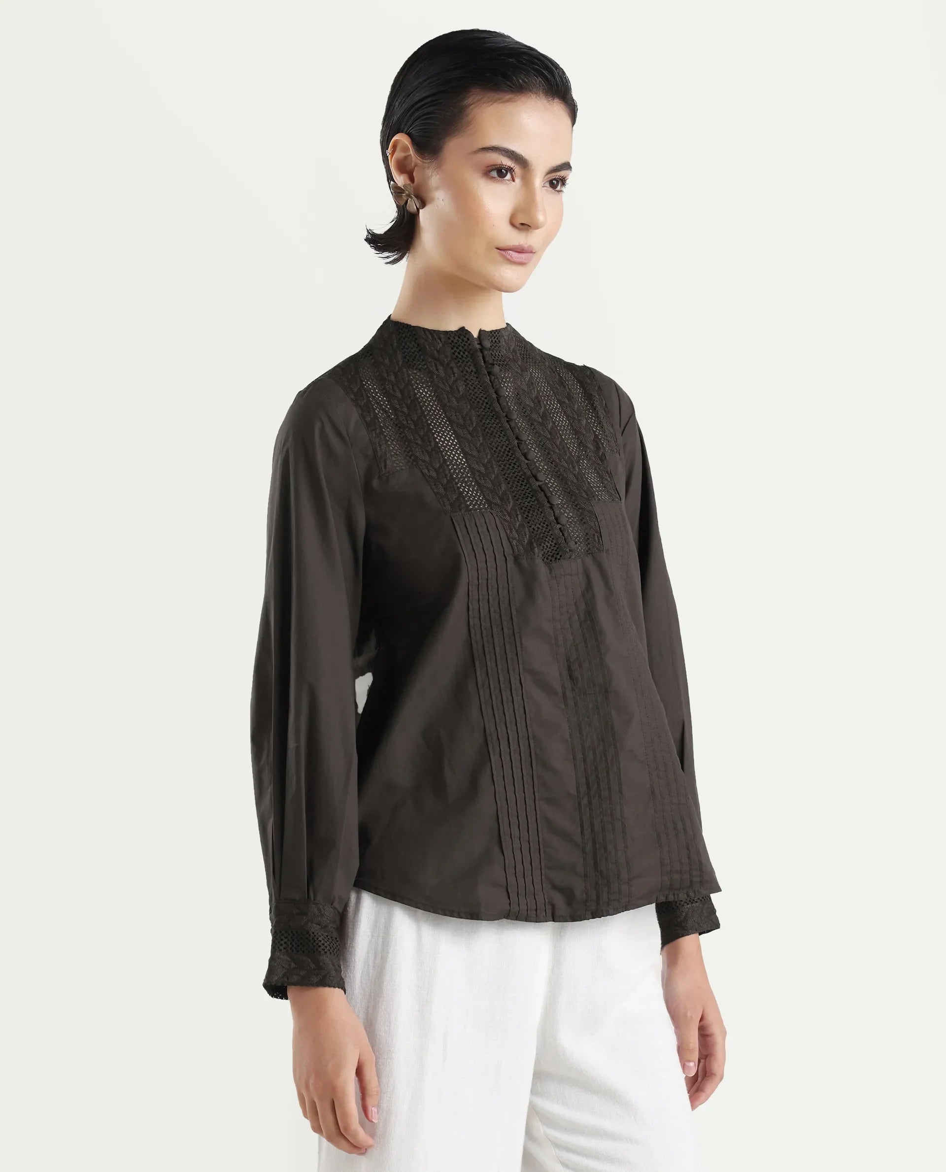 Rareism Women's Olafi Brown Cotton High Neck Plain Bishop Sleeve Regular Fit Top