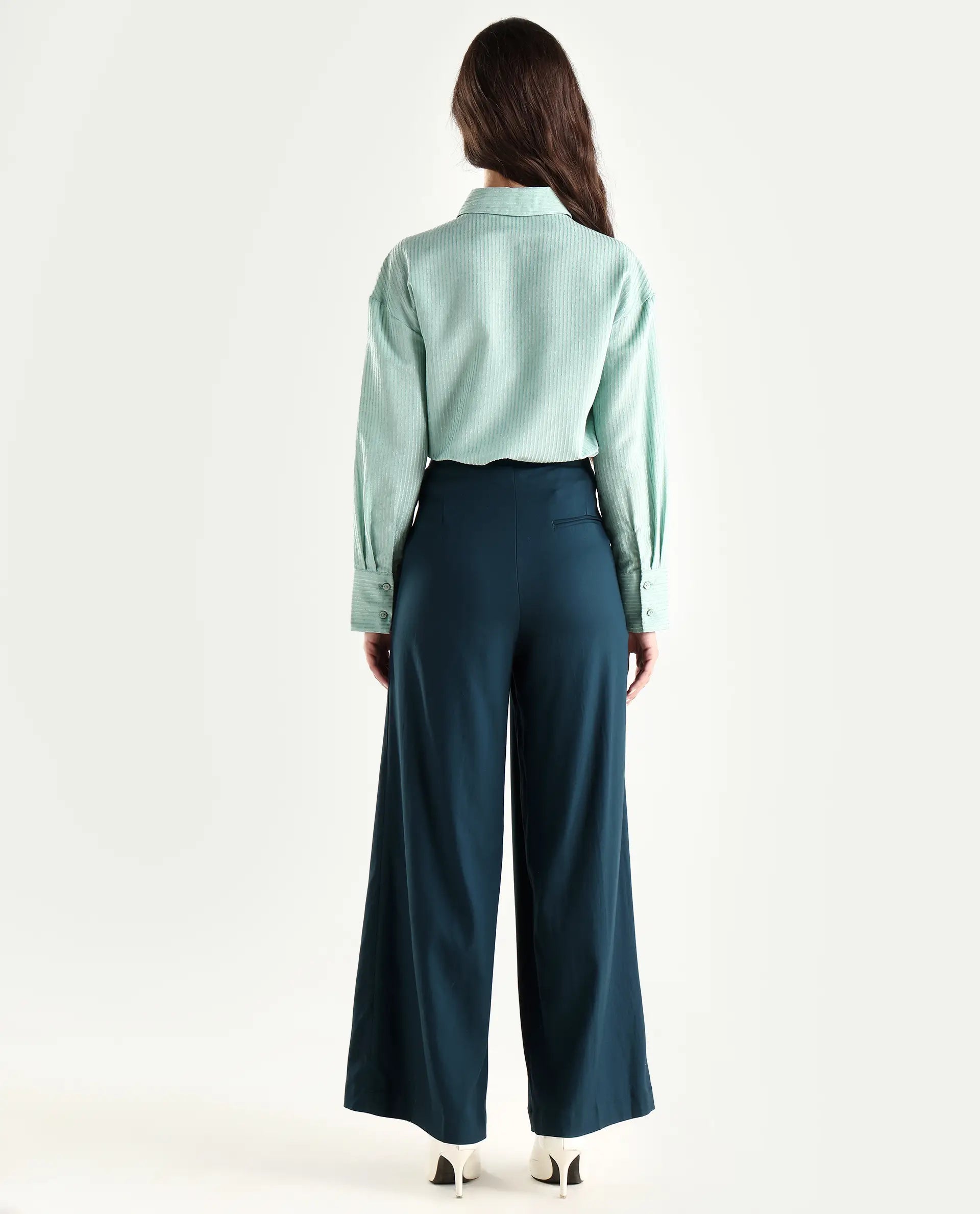 Rareism Women's Tarina Teal Viscose Blend Plain Ankle Length Wide Trouser