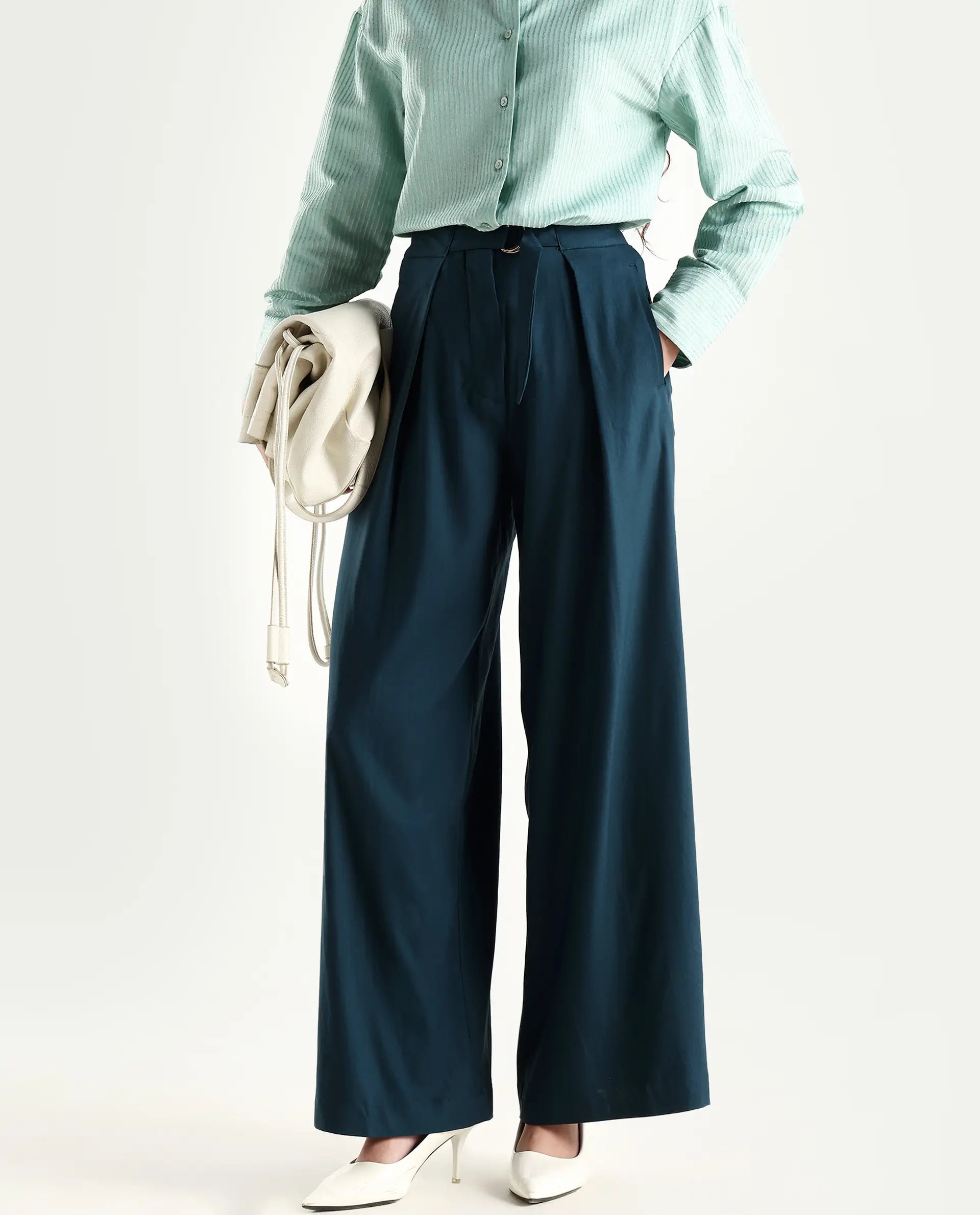 Rareism Women's Tarina Teal Viscose Blend Plain Ankle Length Wide Trouser
