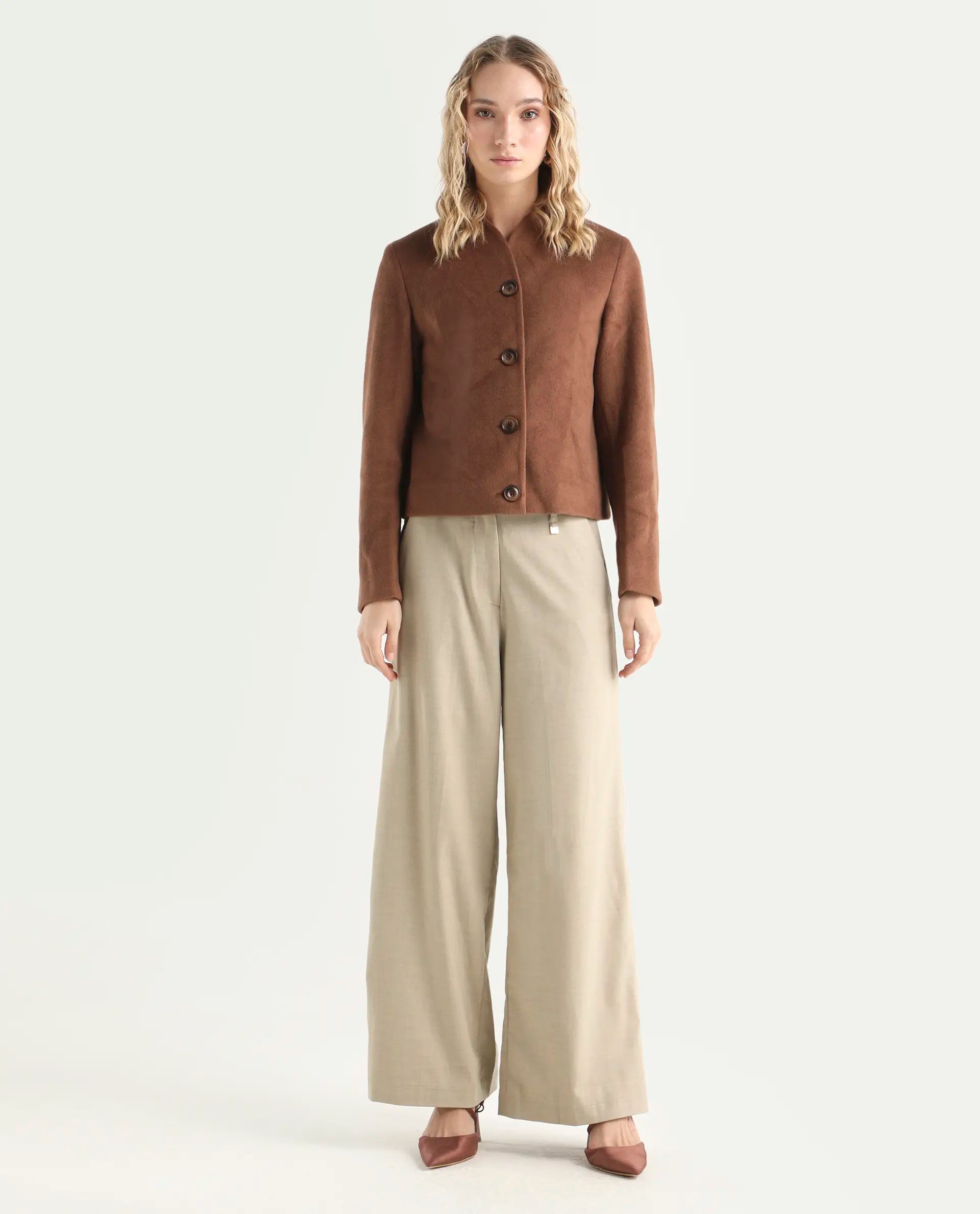 Rareism Women's Katy Beige Polyester Blend Plain Ankle Length Straight Fit Trouser