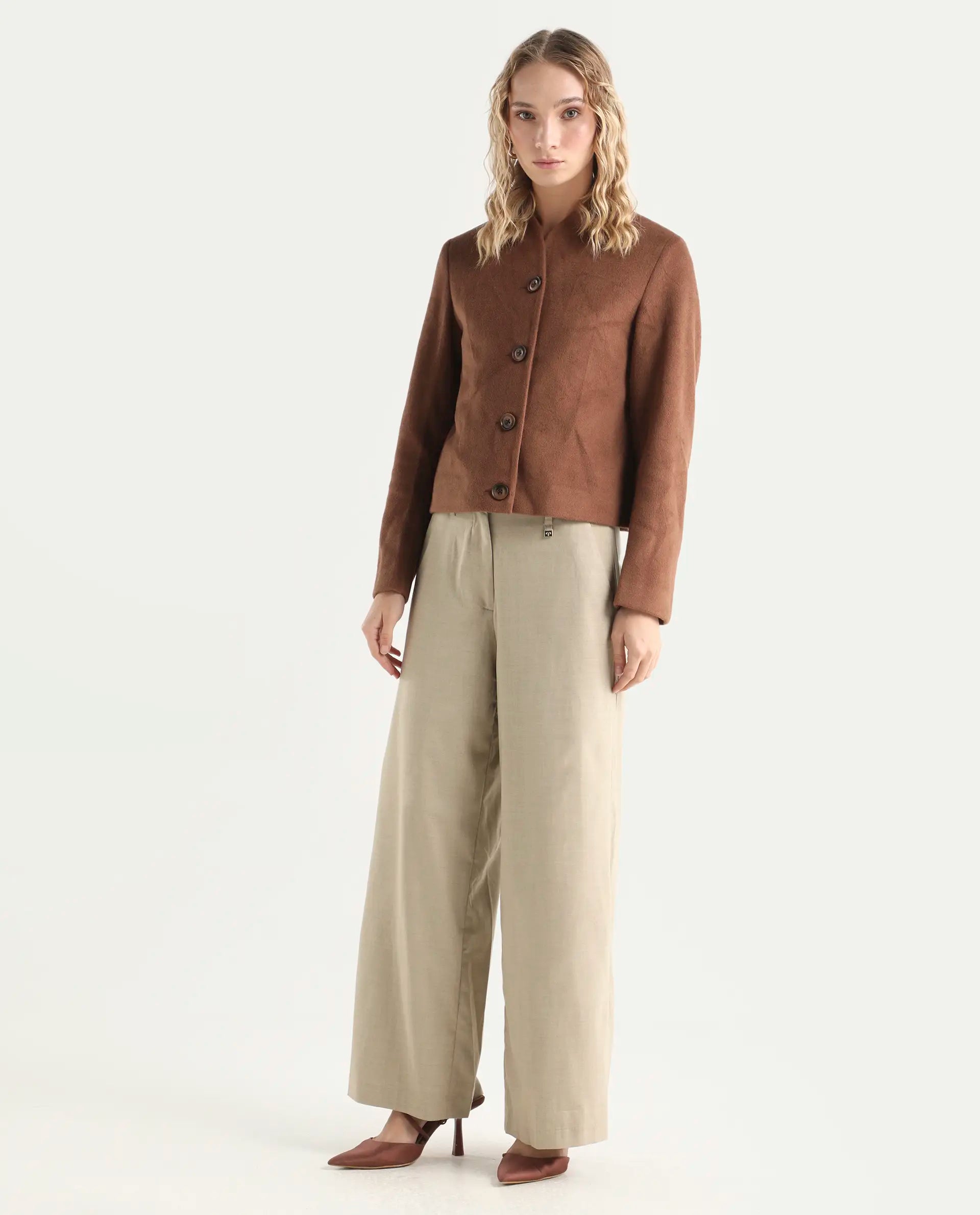 Rareism Women's Katy Beige Polyester Blend Plain Ankle Length Straight Fit Trouser
