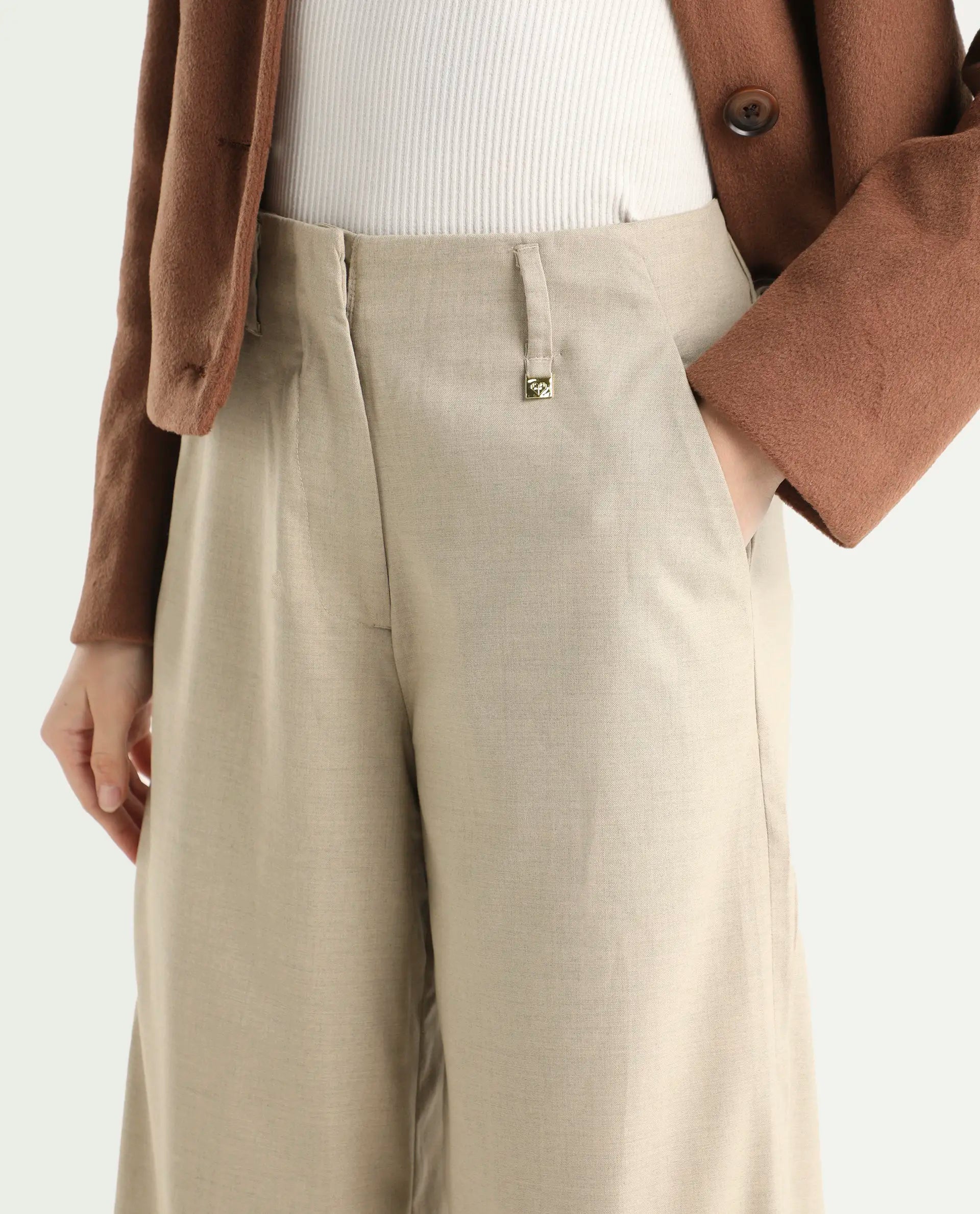 Rareism Women's Katy Beige Polyester Blend Plain Ankle Length Straight Fit Trouser