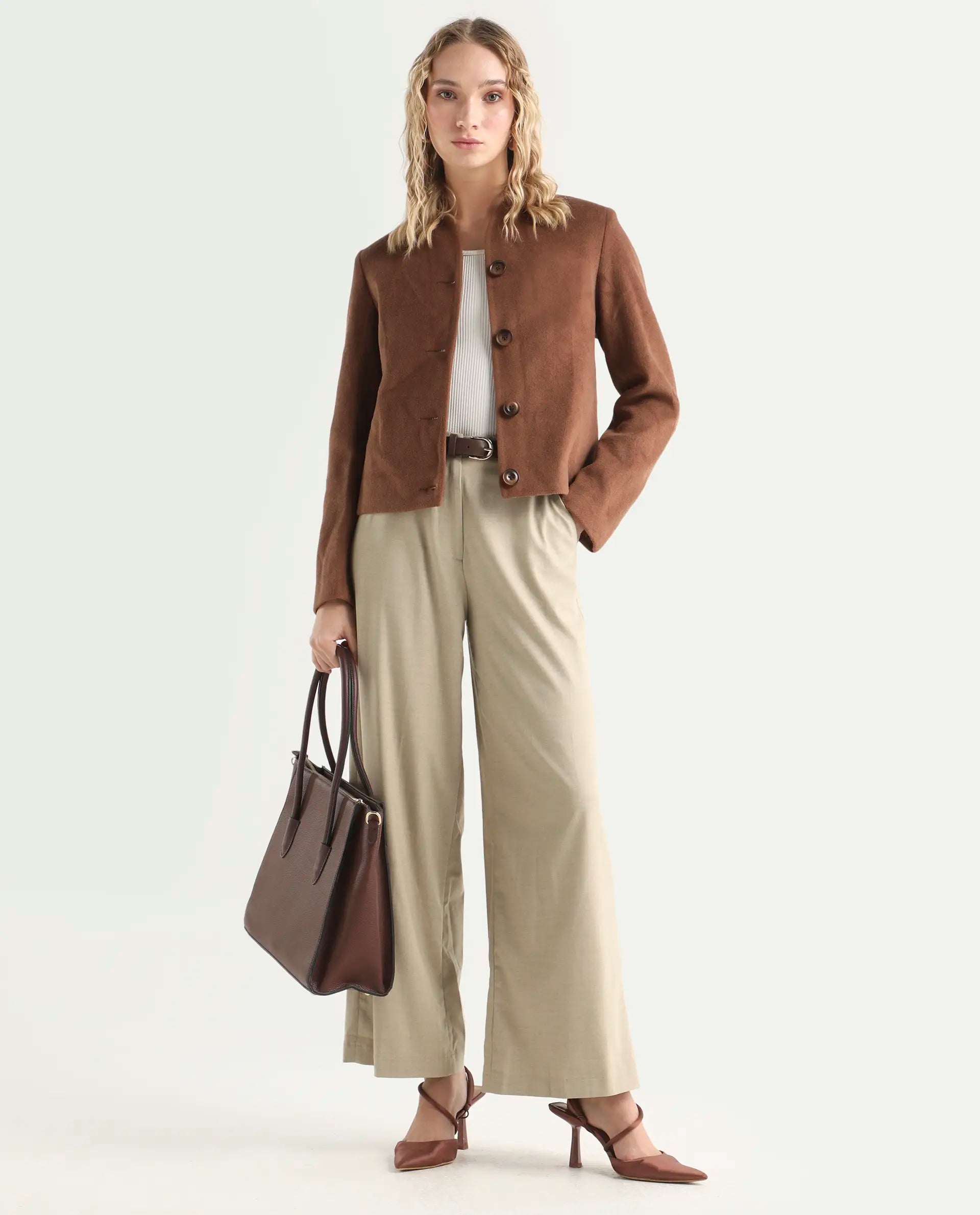 Rareism Women's Katy Beige Polyester Blend Plain Ankle Length Straight Fit Trouser