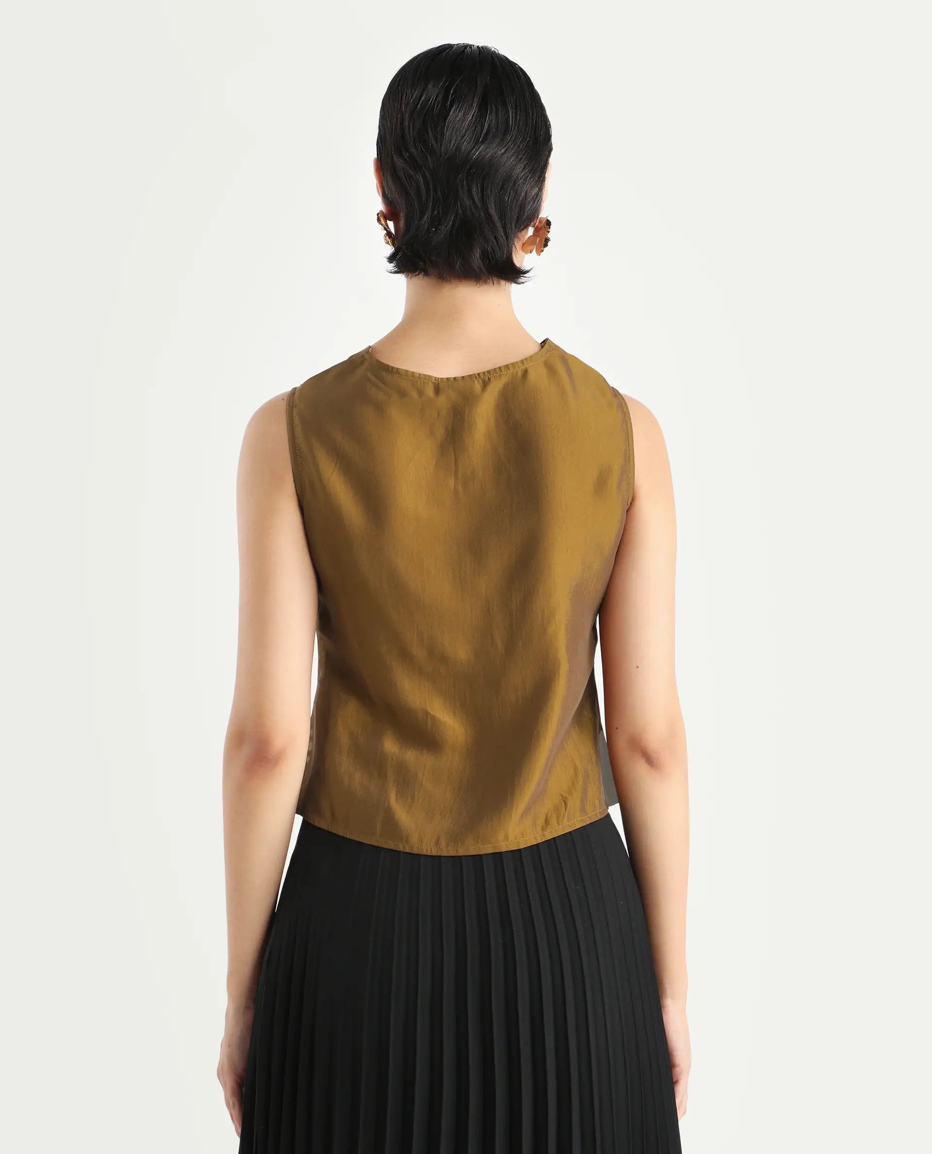 Rareism Women's Foose Metallic Gold Polyester Cowl Neck Plain Sleeveless Regular Fit Top