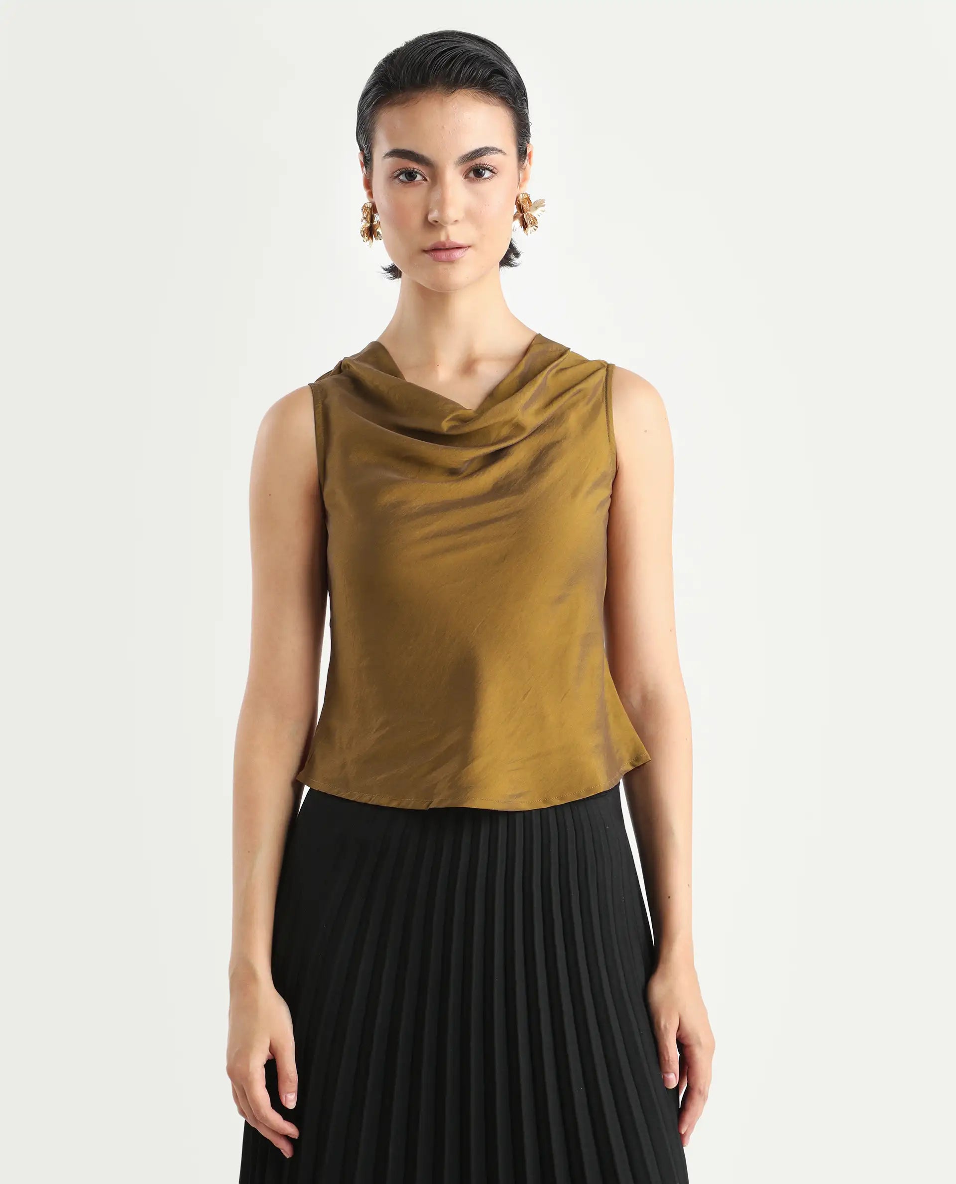 Rareism Women's Foose Metallic Gold Polyester Cowl Neck Plain Sleeveless Regular Fit Top