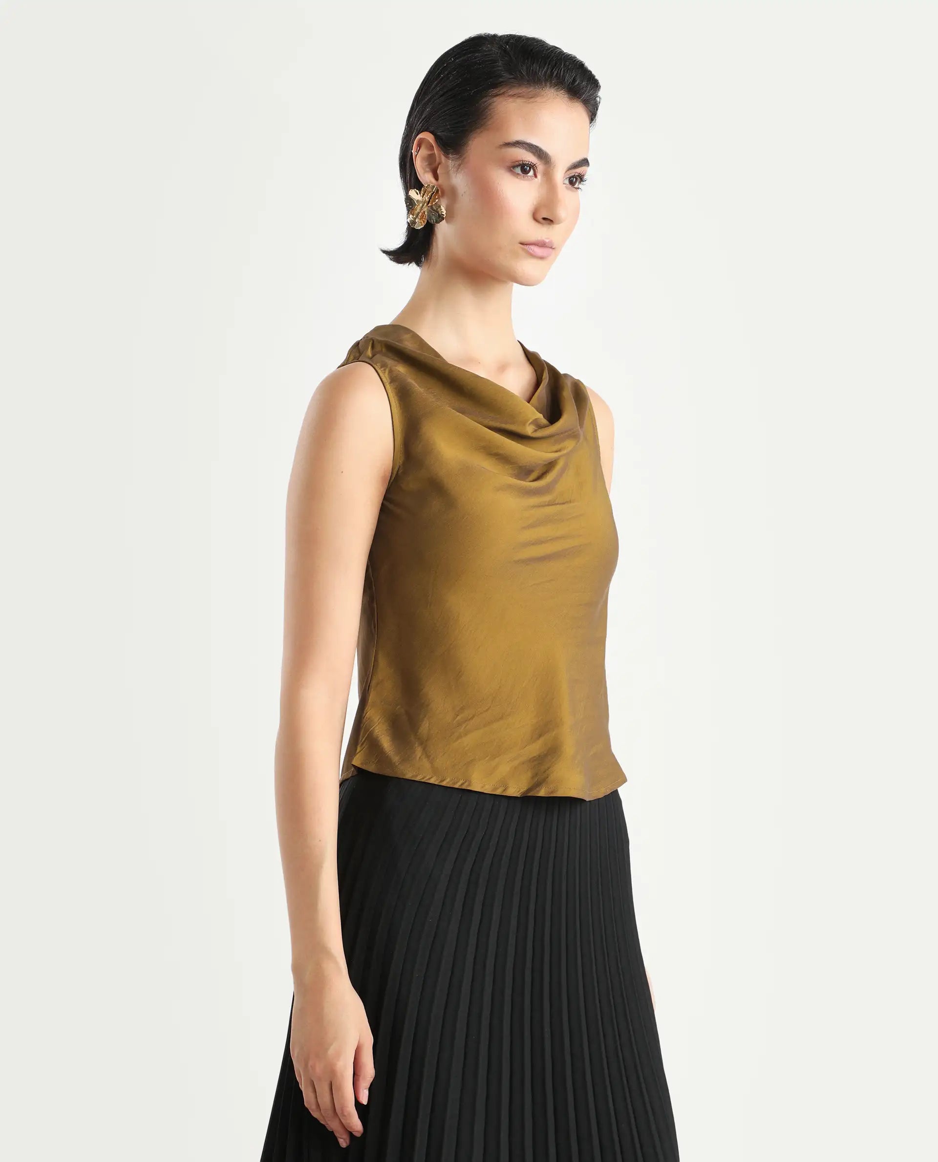 Rareism Women's Foose Metallic Gold Polyester Cowl Neck Plain Sleeveless Regular Fit Top