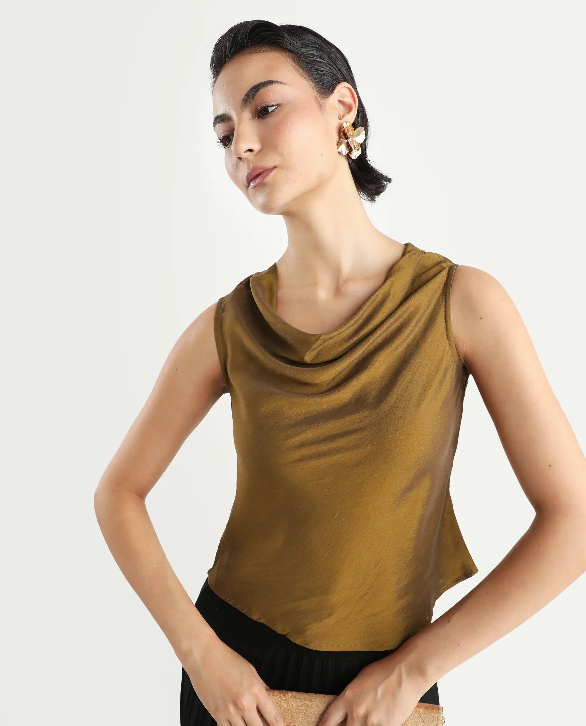 Rareism Women's Foose Metallic Gold Polyester Cowl Neck Plain Sleeveless Regular Fit Top
