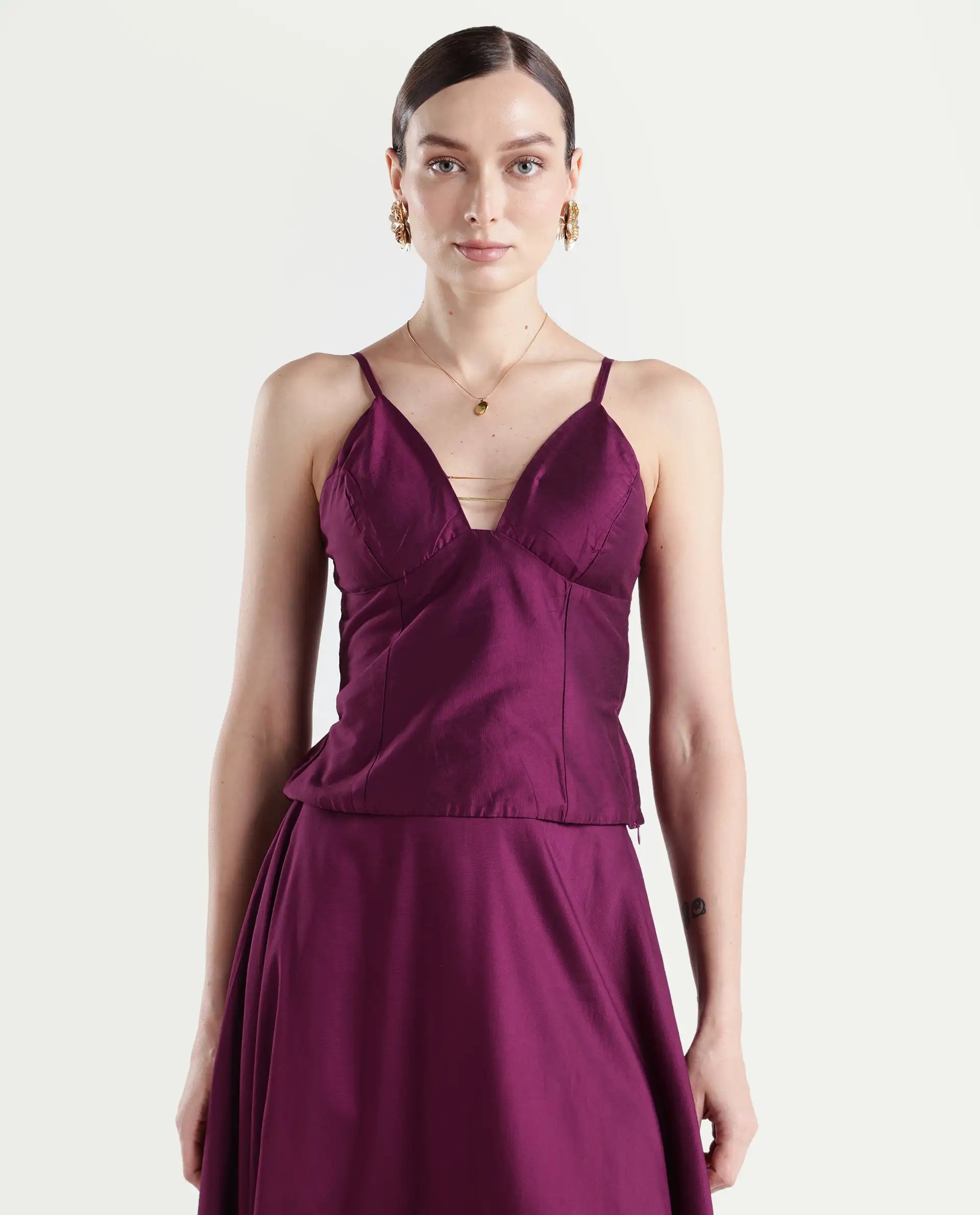 Rareism Women's Carfa Purple Silk Shoulder Strap Plain Sleeveless Crop Fitted Top