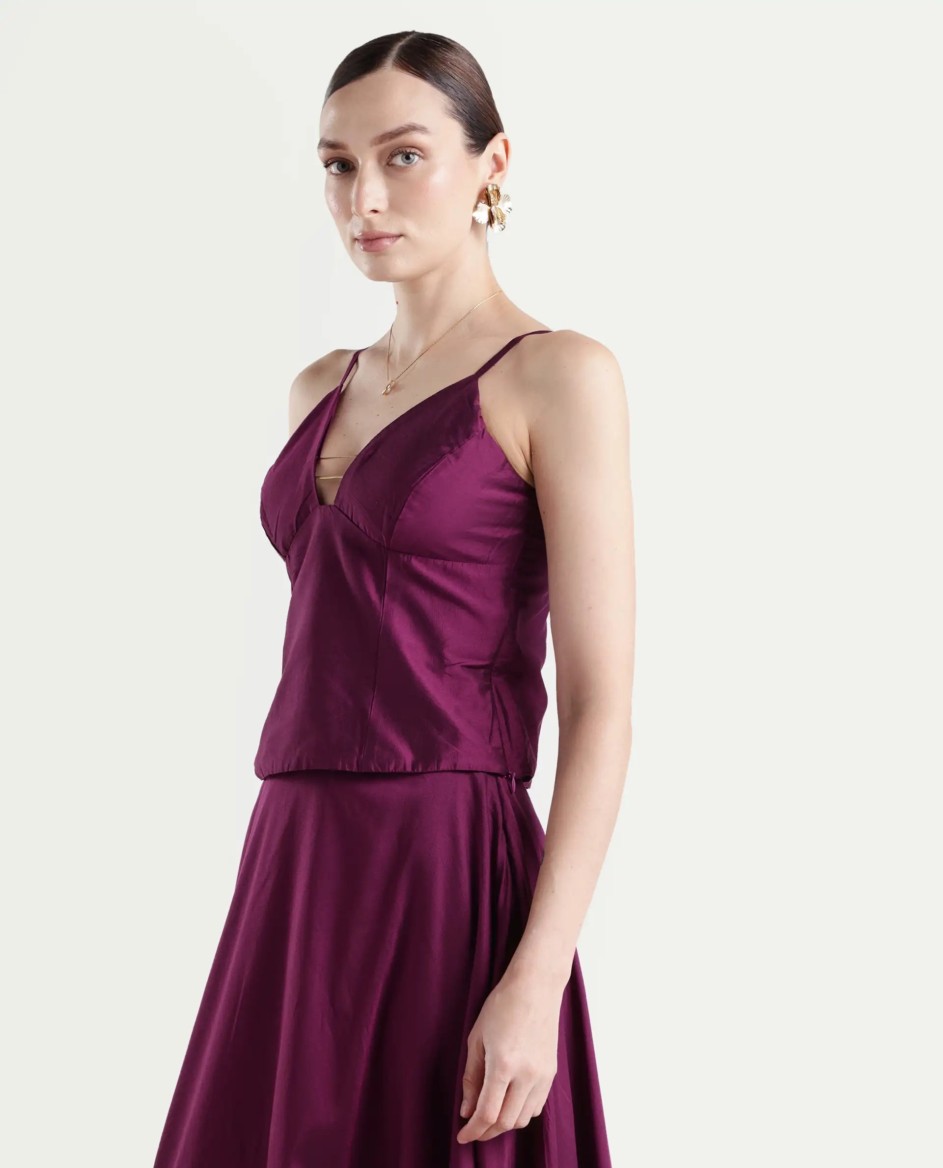 Rareism Women's Carfa Purple Silk Shoulder Strap Plain Sleeveless Crop Fitted Top