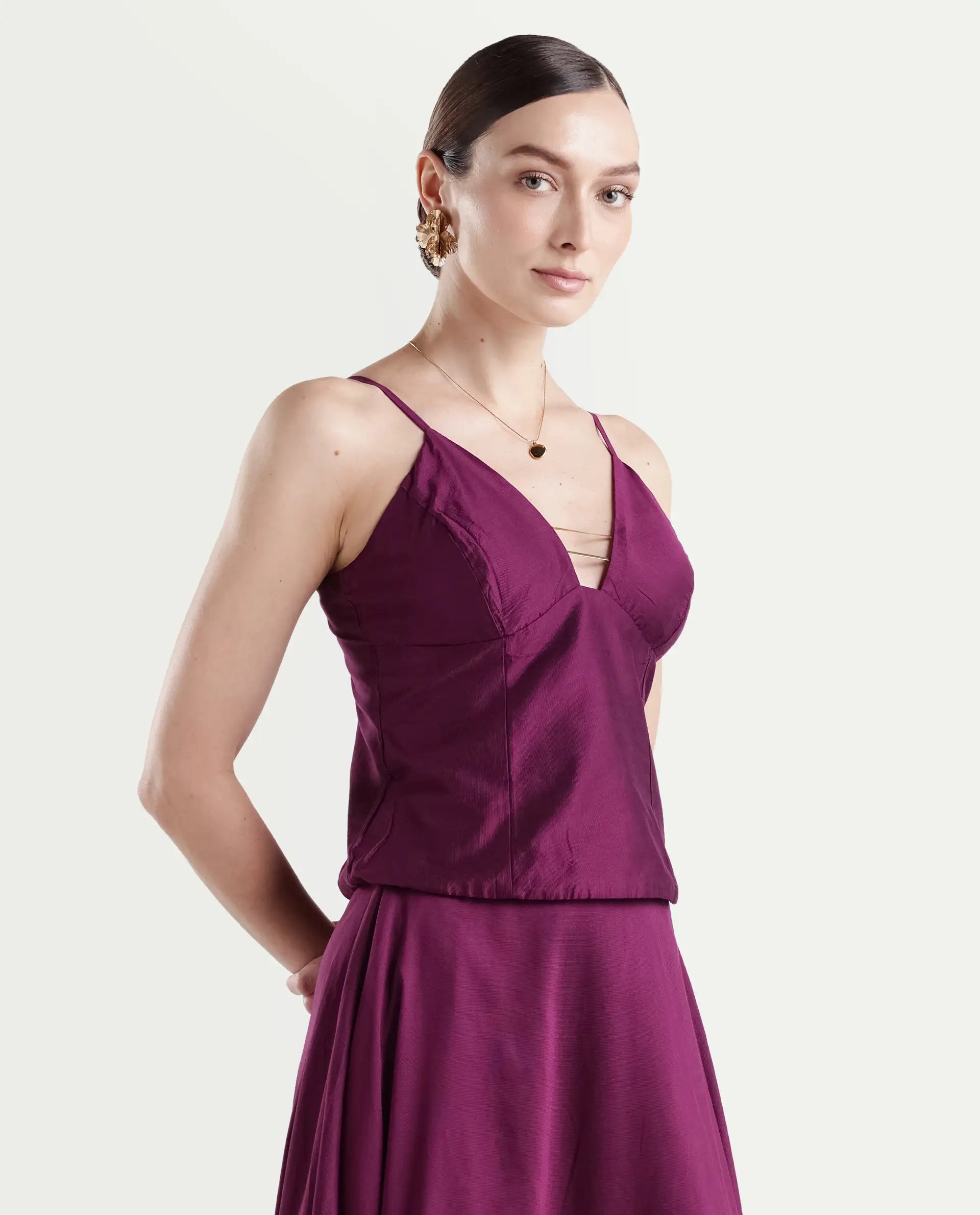 Rareism Women's Carfa Purple Silk Shoulder Strap Plain Sleeveless Crop Fitted Top