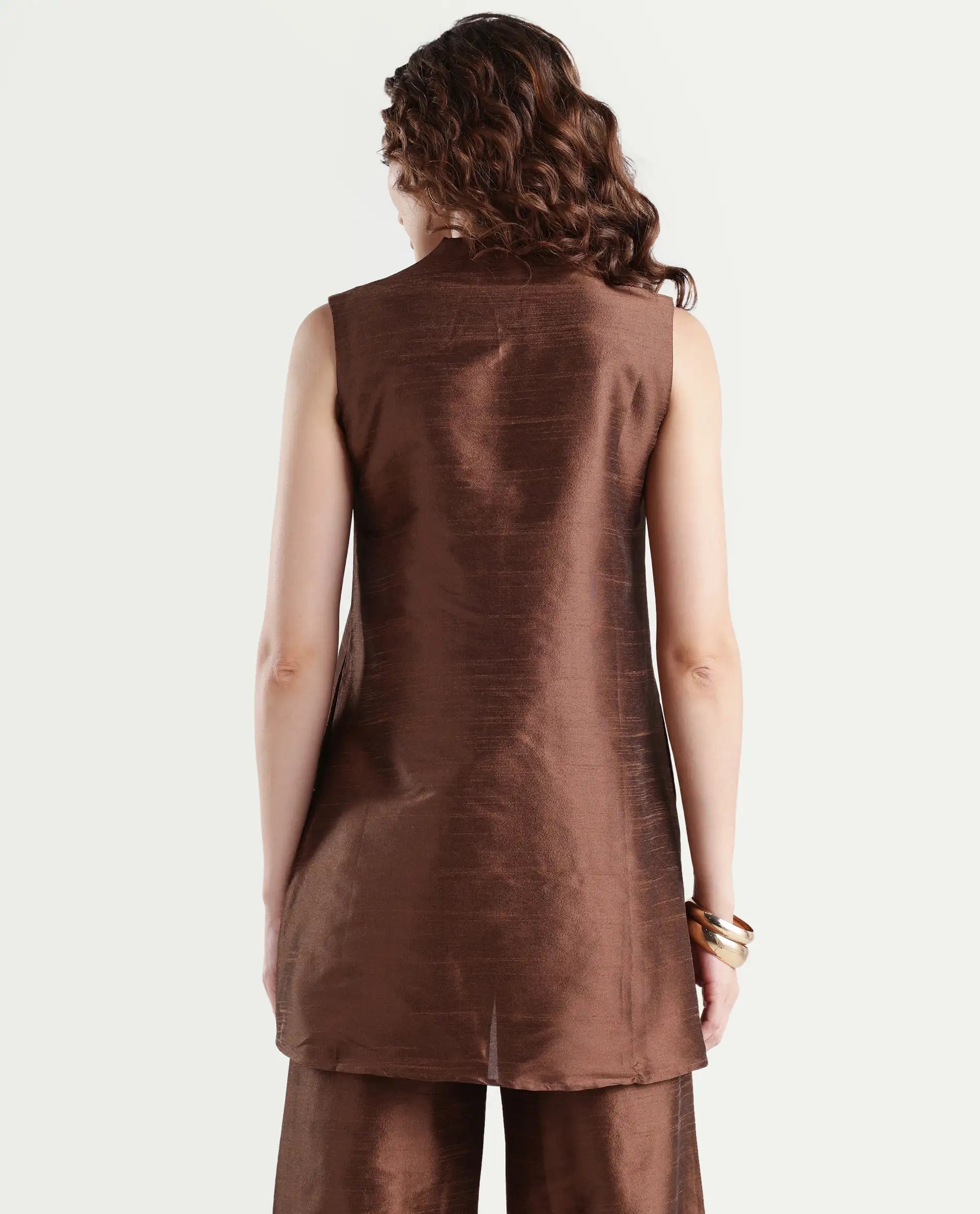 Rareism Women's Kamla Dark Brown Silk V-Neck Plain Sleeveless Knee Length Regular Fit Top