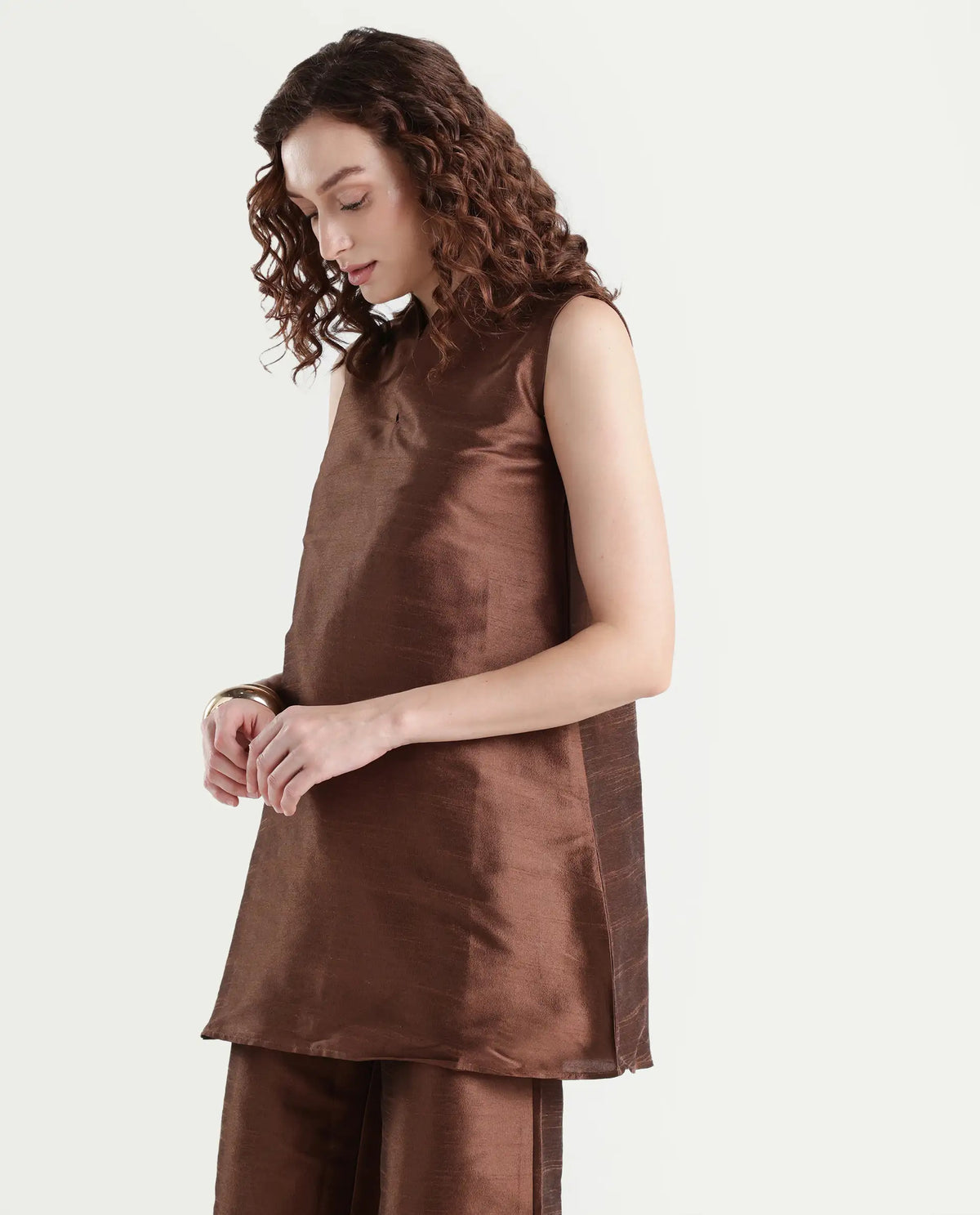 Rareism Women's Kamla Dark Brown Silk V-Neck Plain Sleeveless Knee Length Regular Fit Top