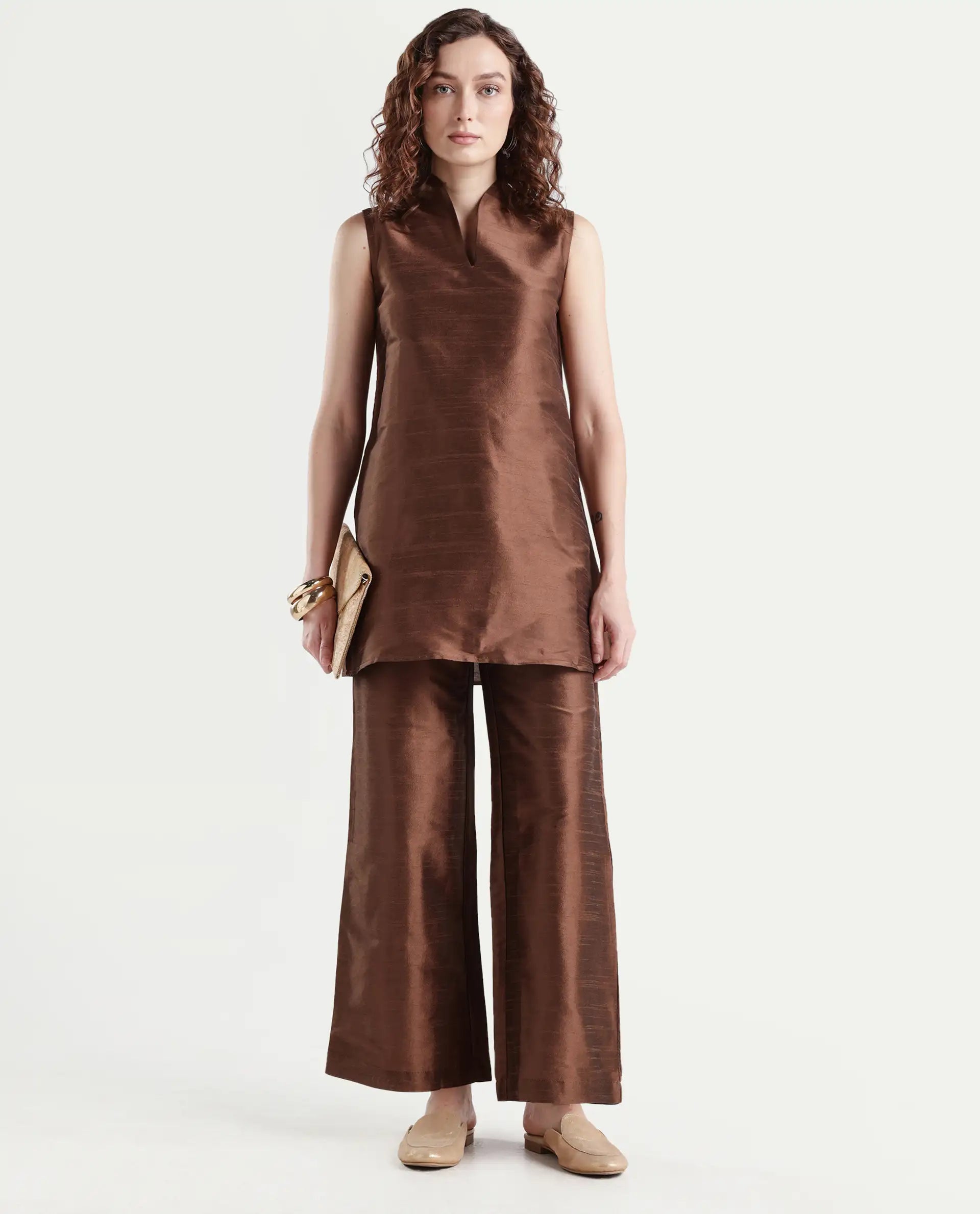 Rareism Women's Kamla Dark Brown Silk V-Neck Plain Sleeveless Knee Length Regular Fit Top