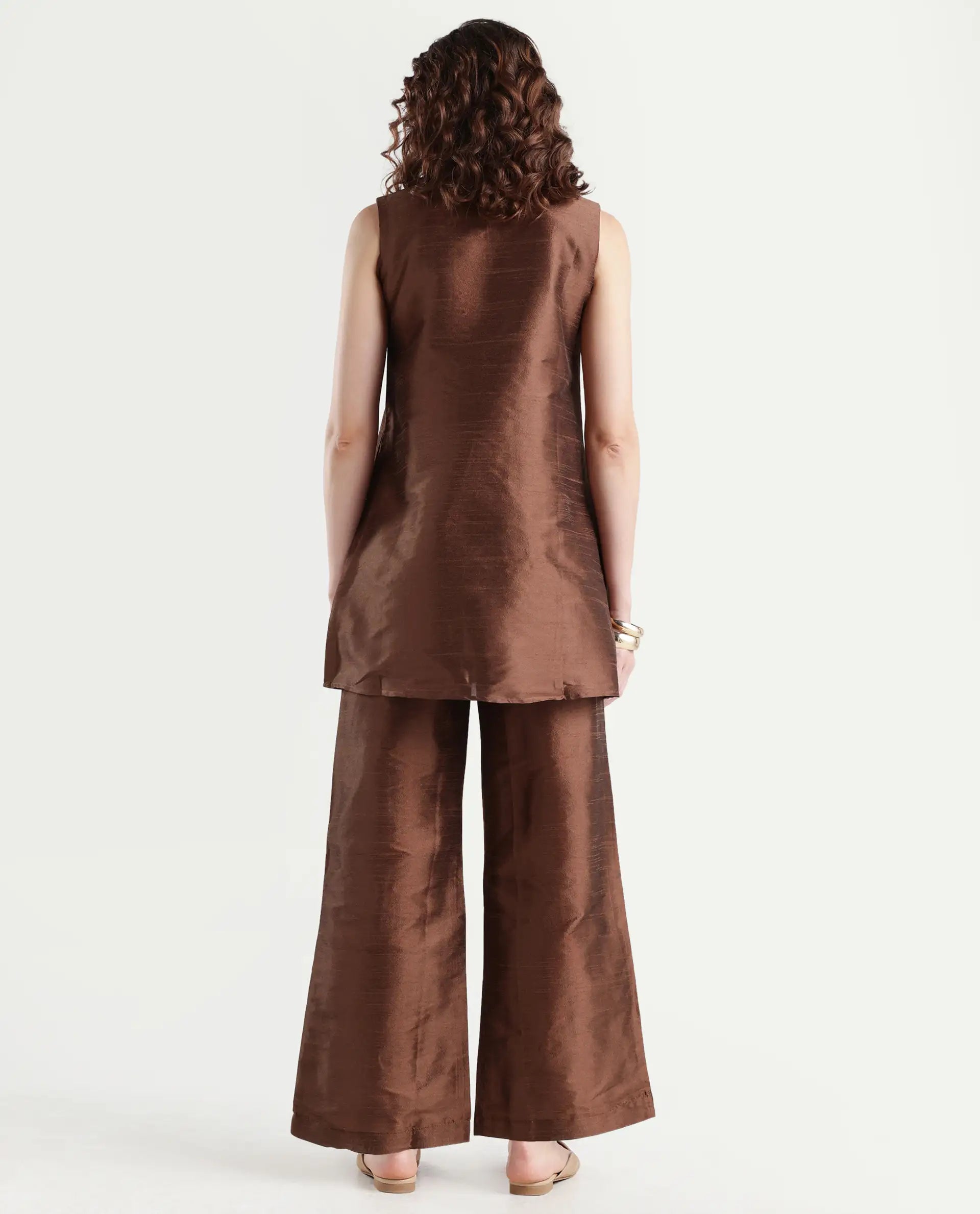 Rareism Women's Kamla B Dark Brown Silk Plain Ankle Length Straight Fit Trouser