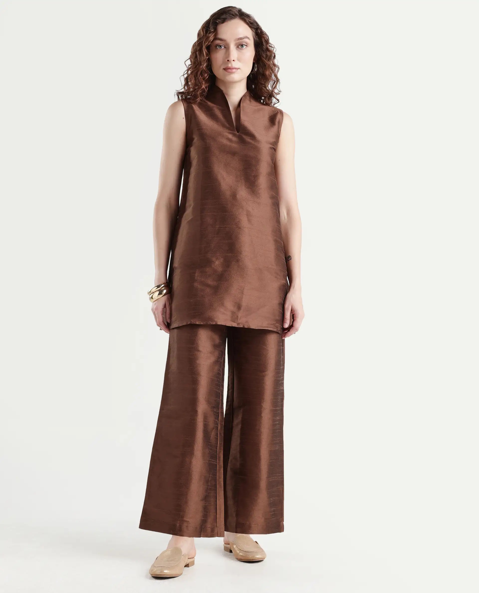 Rareism Women's Kamla B Dark Brown Silk Plain Ankle Length Straight Fit Trouser