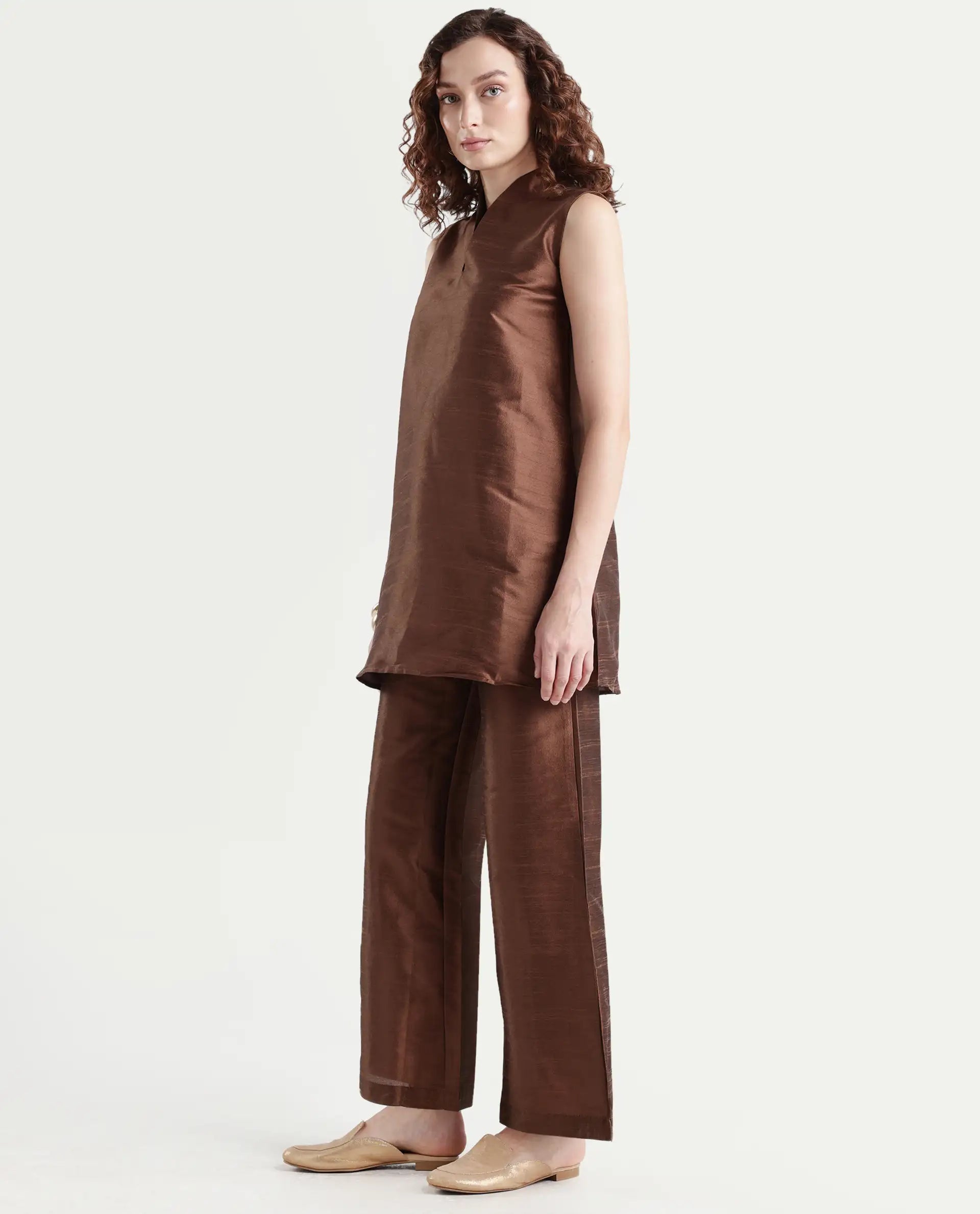 Rareism Women's Kamla B Dark Brown Silk Plain Ankle Length Straight Fit Trouser