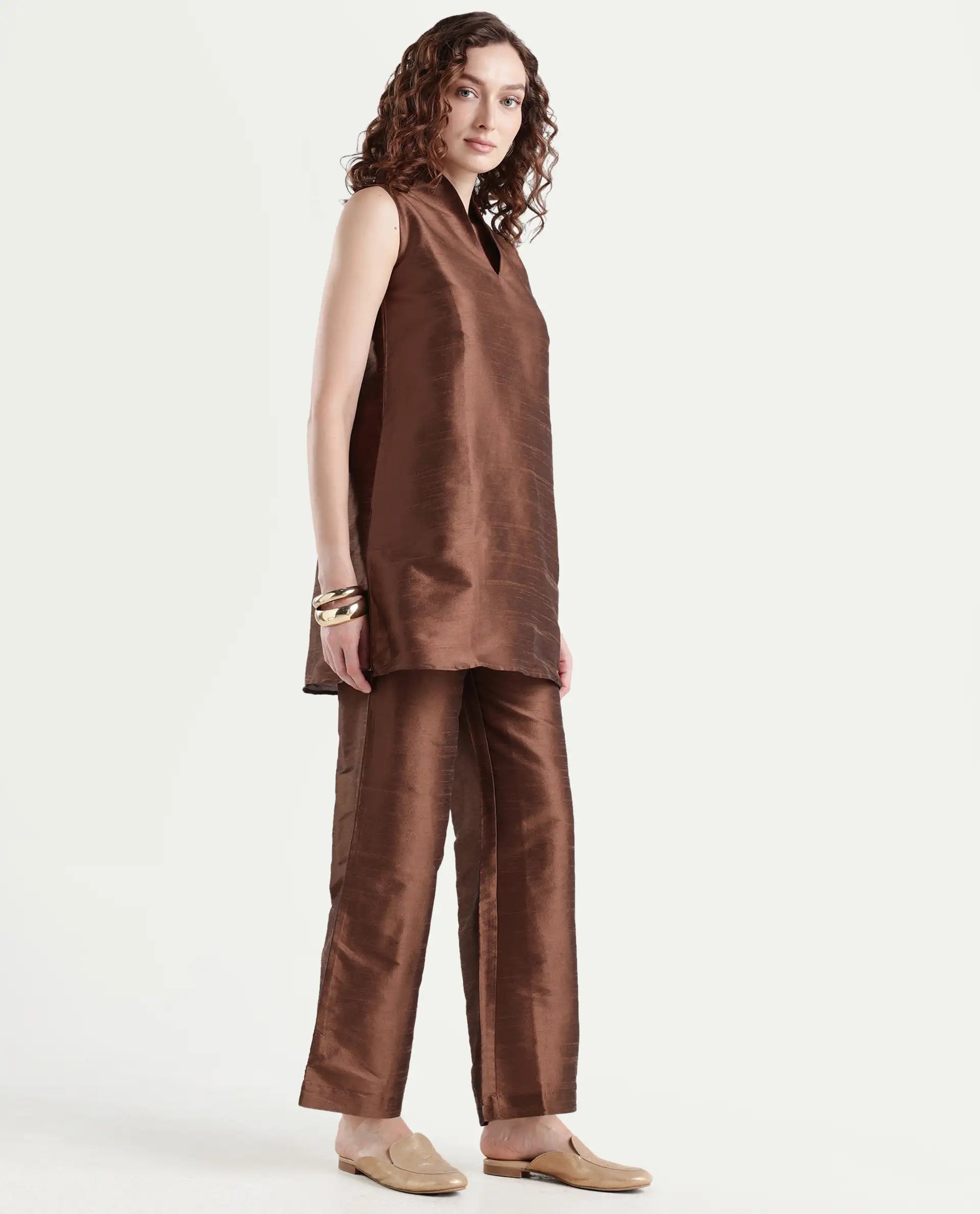 Rareism Women's Kamla B Dark Brown Silk Plain Ankle Length Straight Fit Trouser