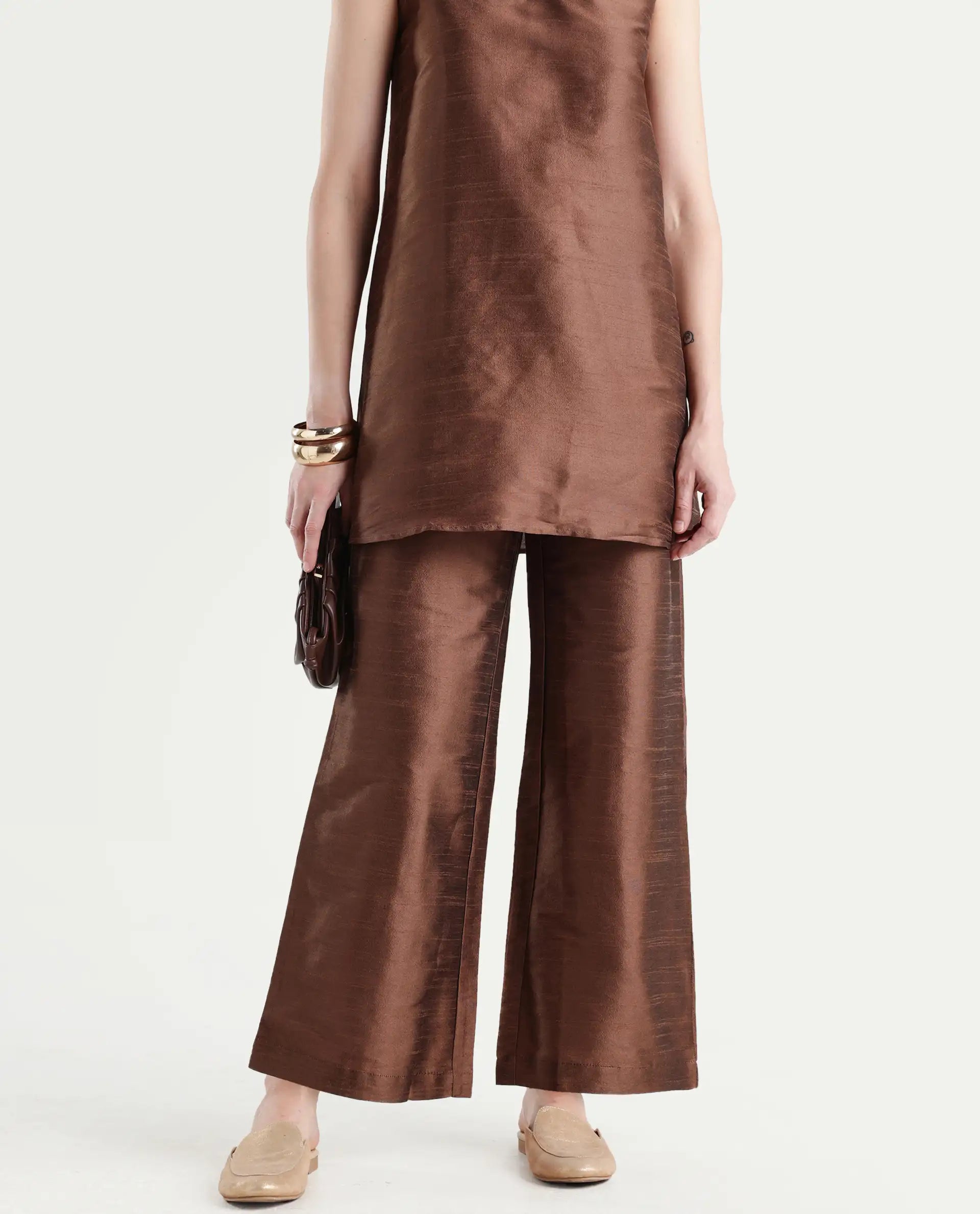 Rareism Women's Kamla B Dark Brown Silk Plain Ankle Length Straight Fit Trouser