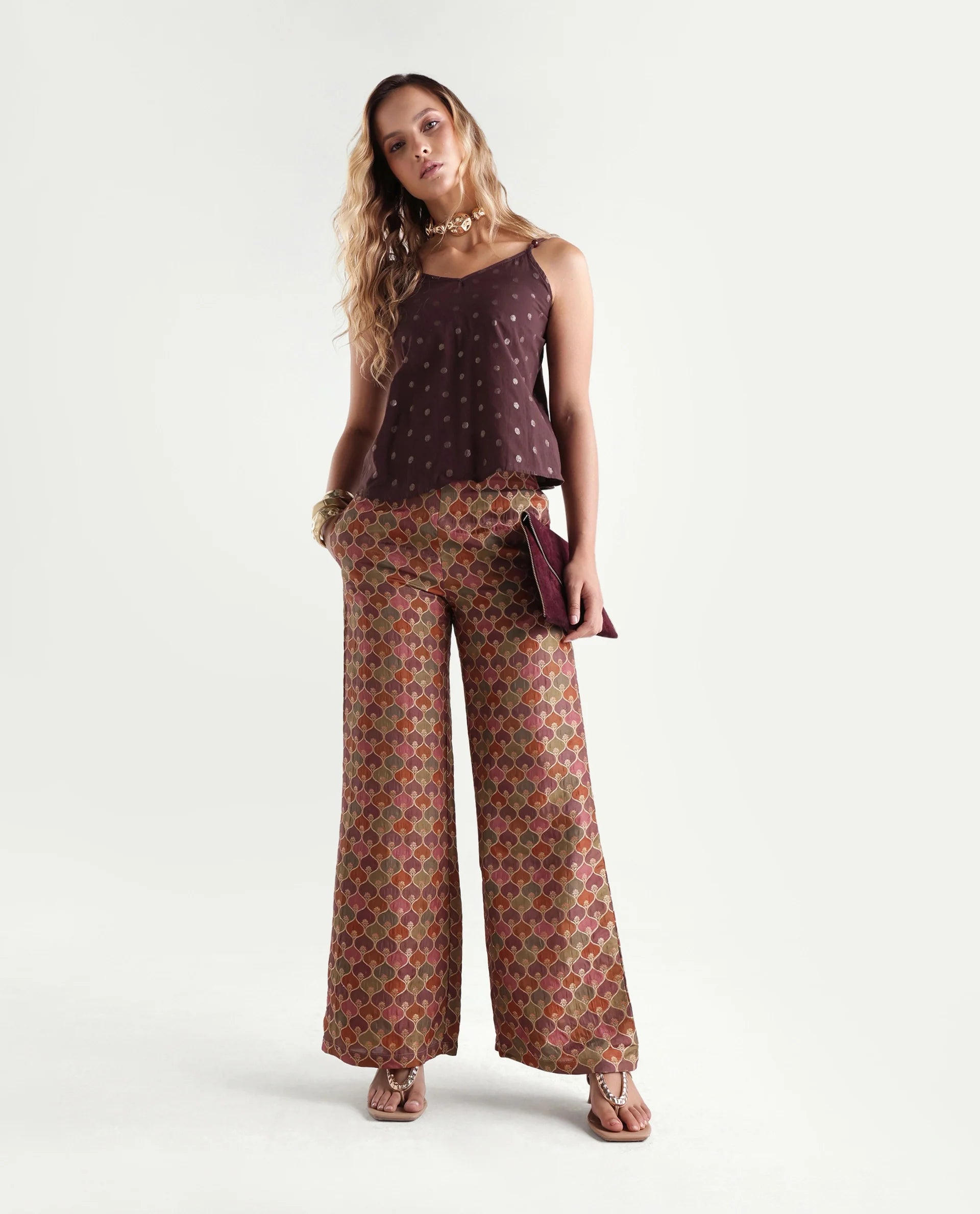 Rareism Women's Varfa B Multi Polyester Jacquard Ankle Length Flared Trouser