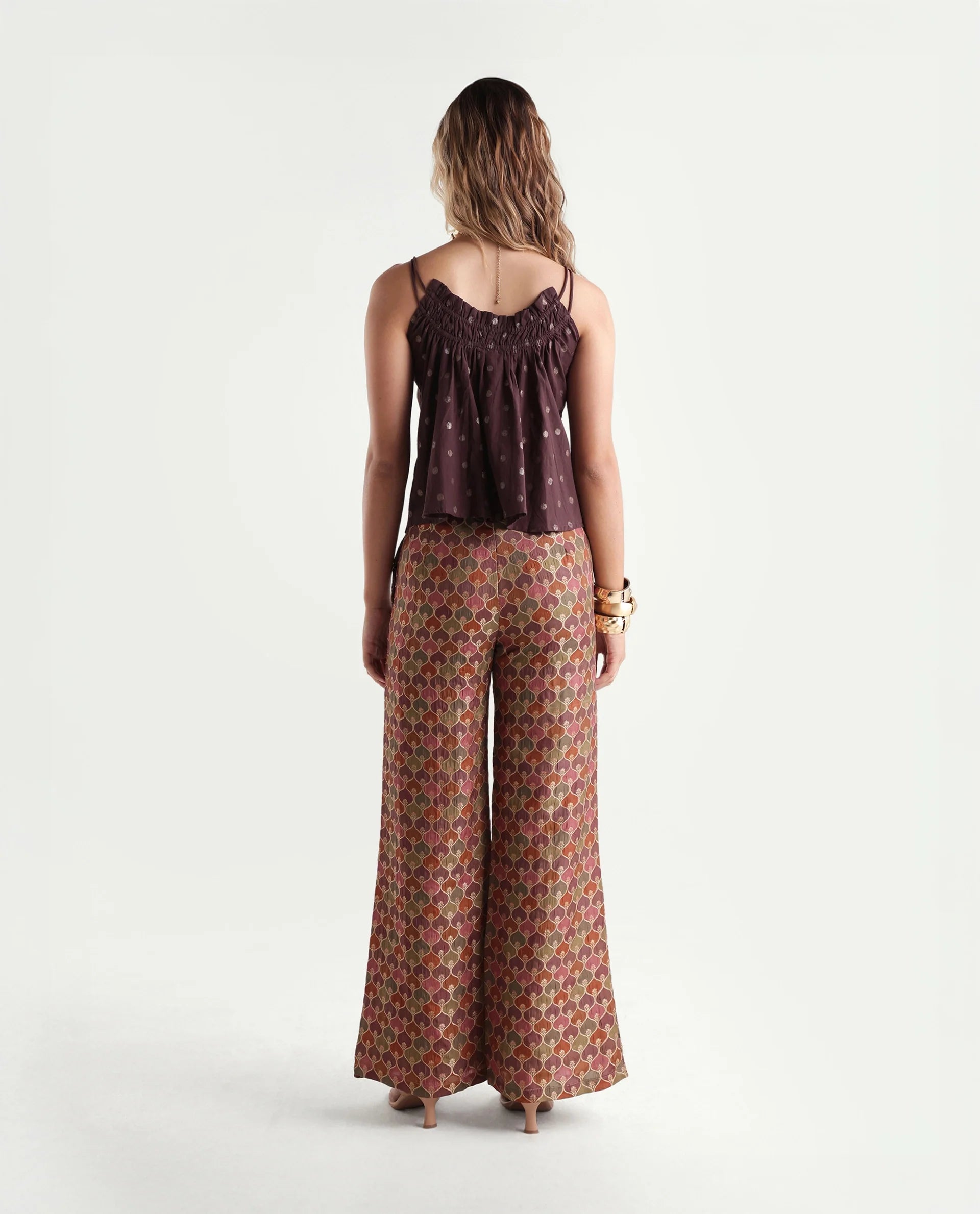Rareism Women's Varfa B Multi Polyester Jacquard Ankle Length Flared Trouser