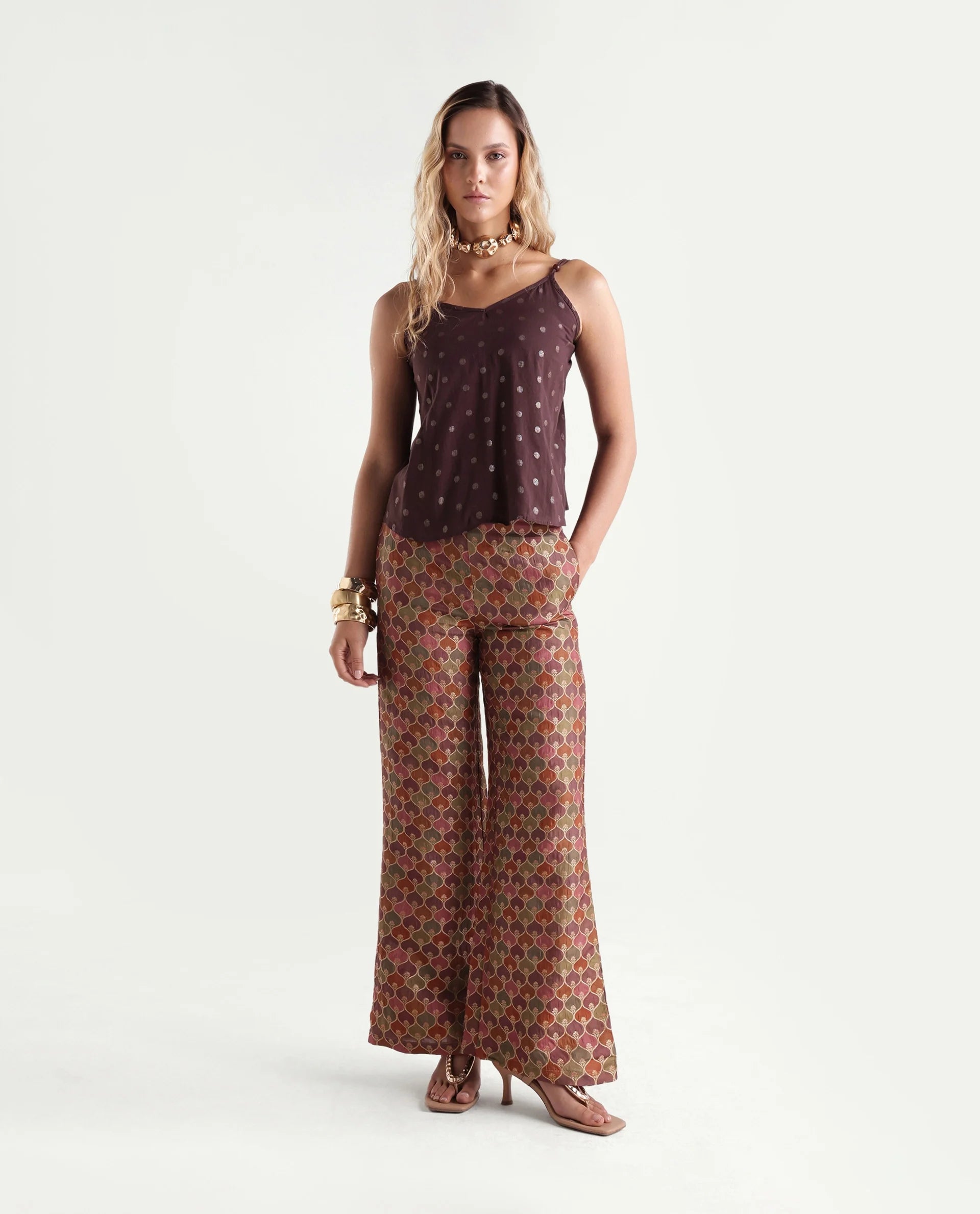 Rareism Women's Varfa B Multi Polyester Jacquard Ankle Length Flared Trouser