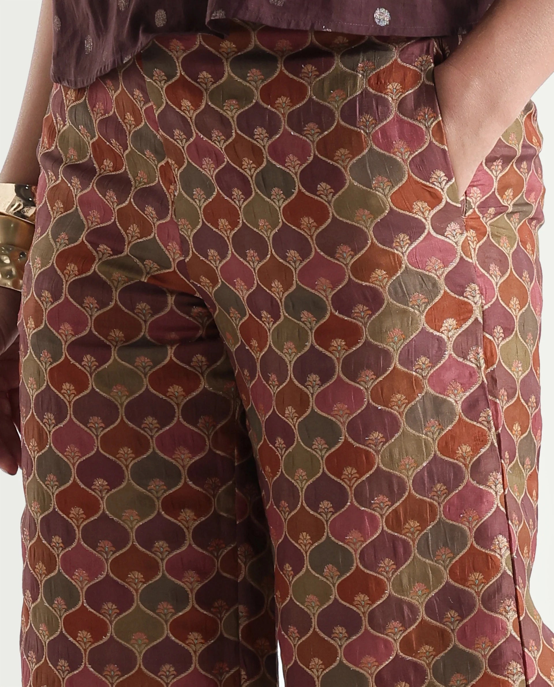 Rareism Women's Varfa B Multi Polyester Jacquard Ankle Length Flared Trouser