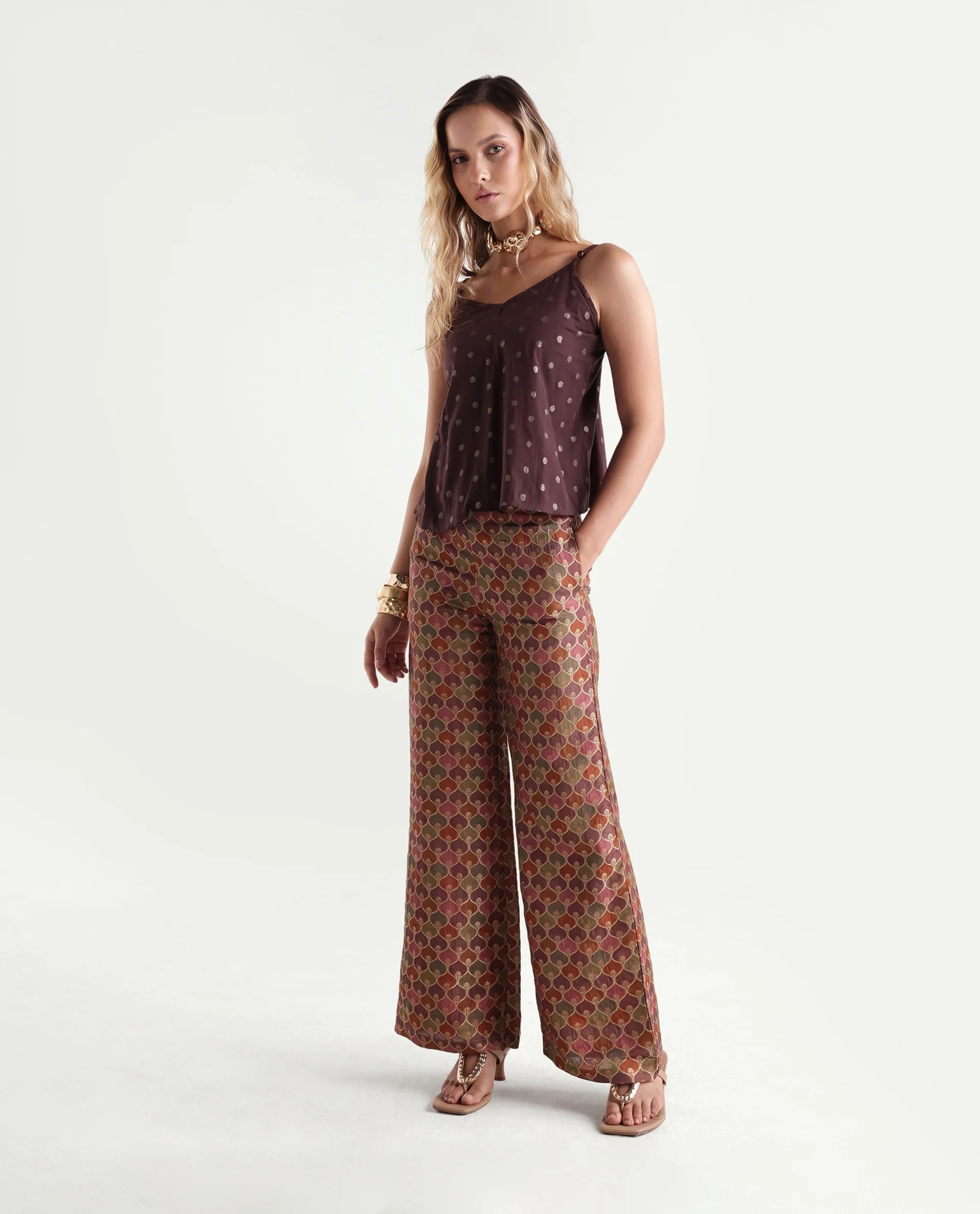 Rareism Women's Varfa B Multi Polyester Jacquard Ankle Length Flared Trouser