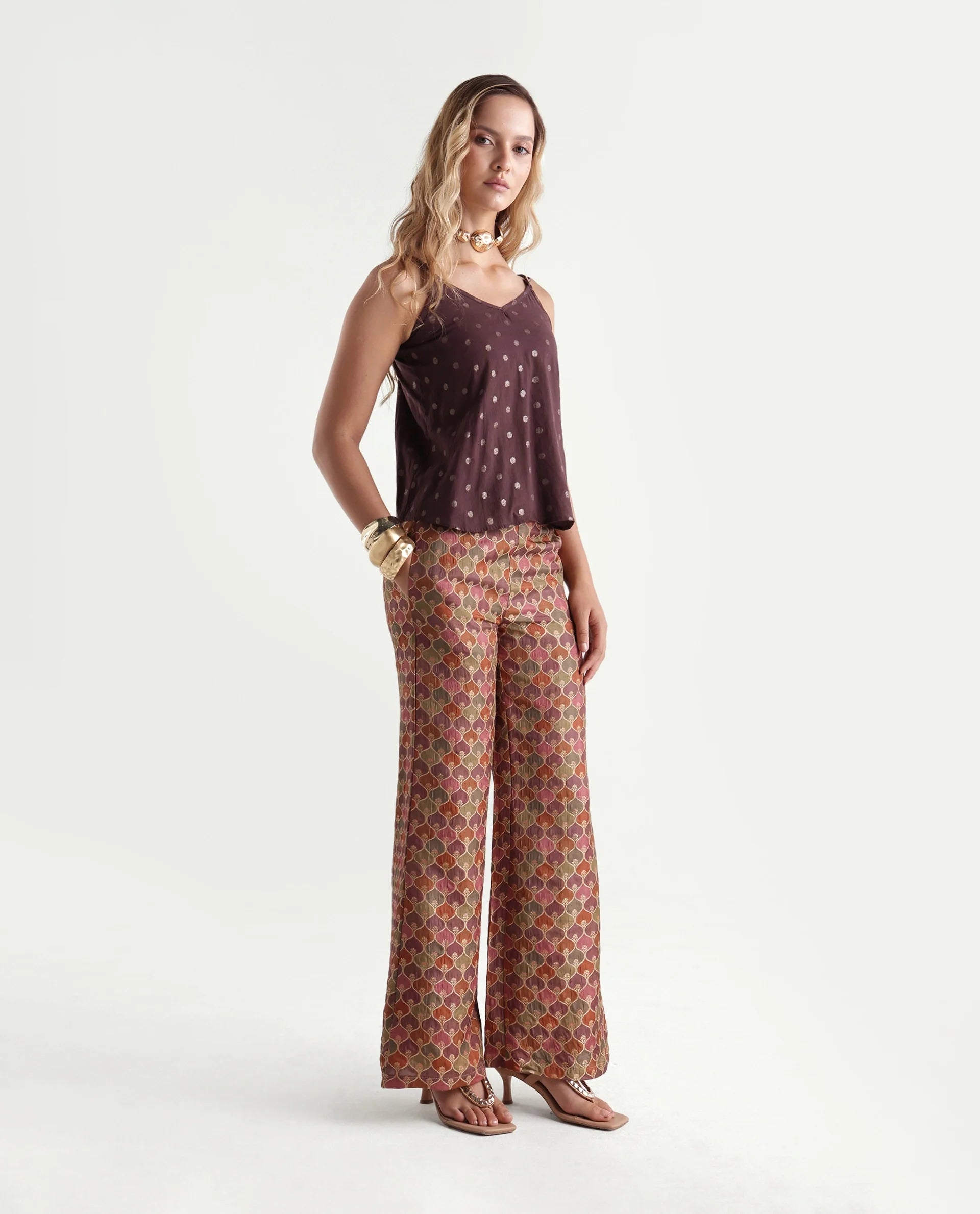 Rareism Women's Varfa B Multi Polyester Jacquard Ankle Length Flared Trouser