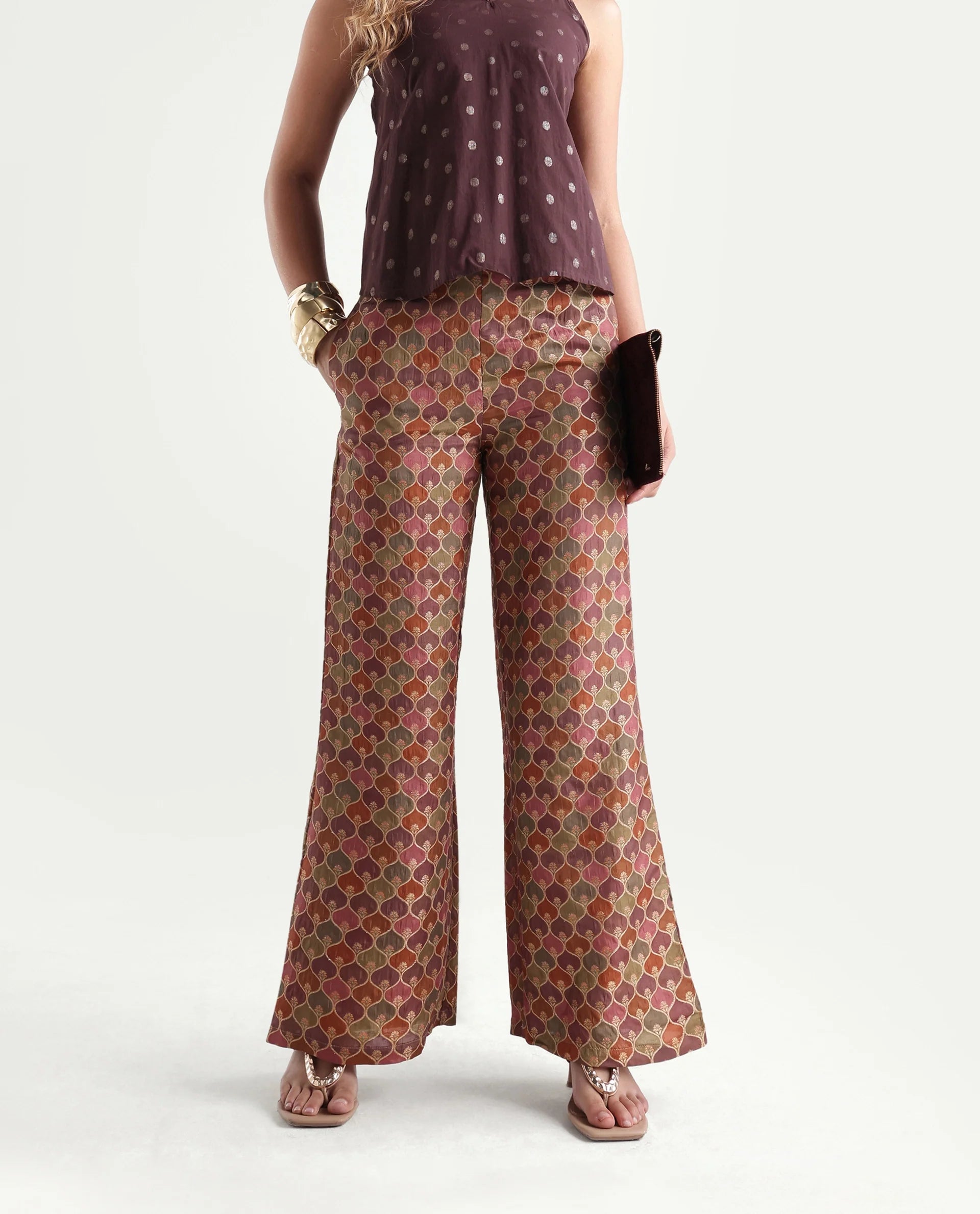Rareism Women's Varfa B Multi Polyester Jacquard Ankle Length Flared Trouser