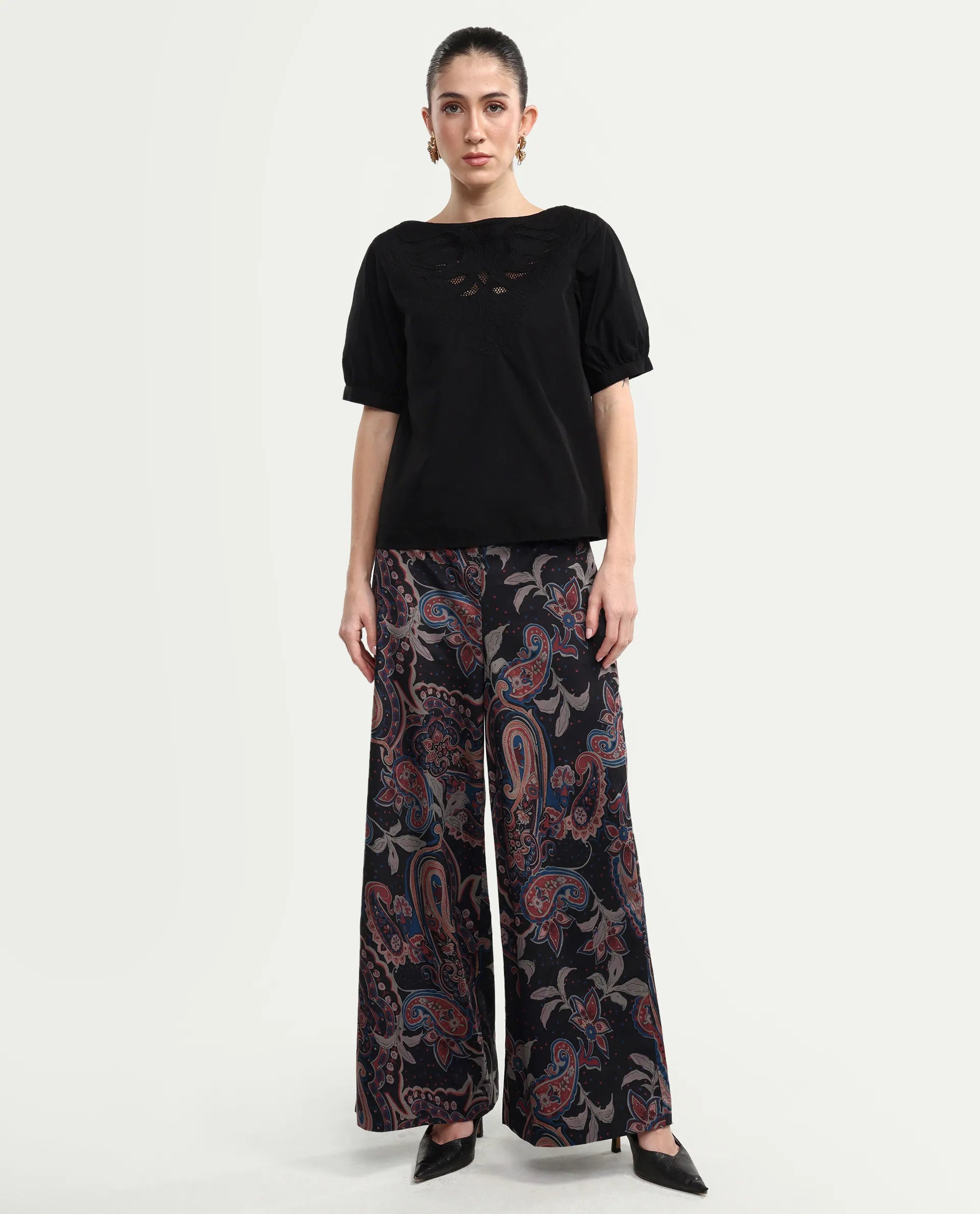 Rareism Women's Remen B Dark Multi Velvet Paisley Print Ankle Length Flared Trouser