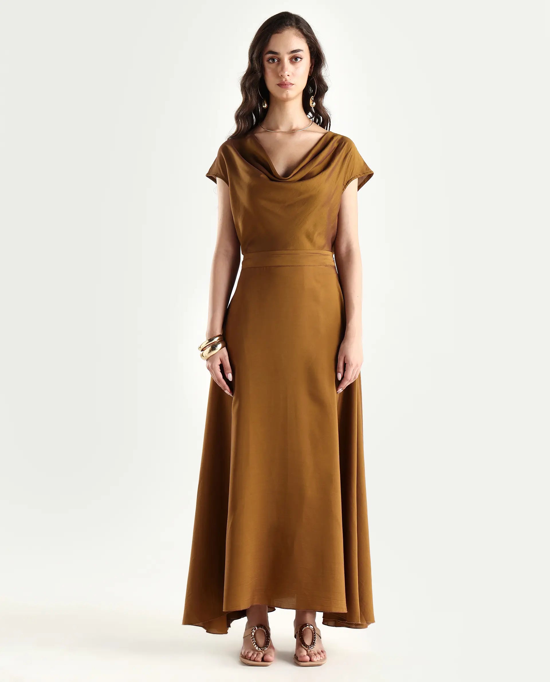 Rareism Women's Yesmar Metallic Gold Polyester Plain Maxi Flared Skirt