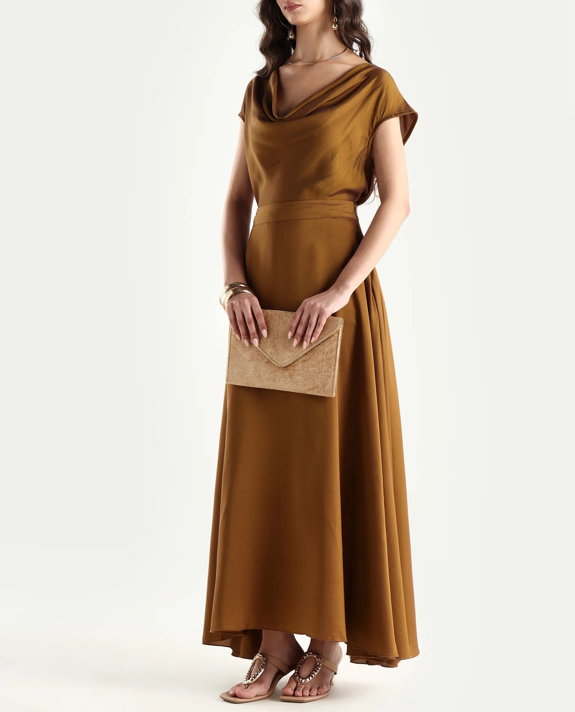 Rareism Women's Yesmar Metallic Gold Polyester Plain Maxi Flared Skirt