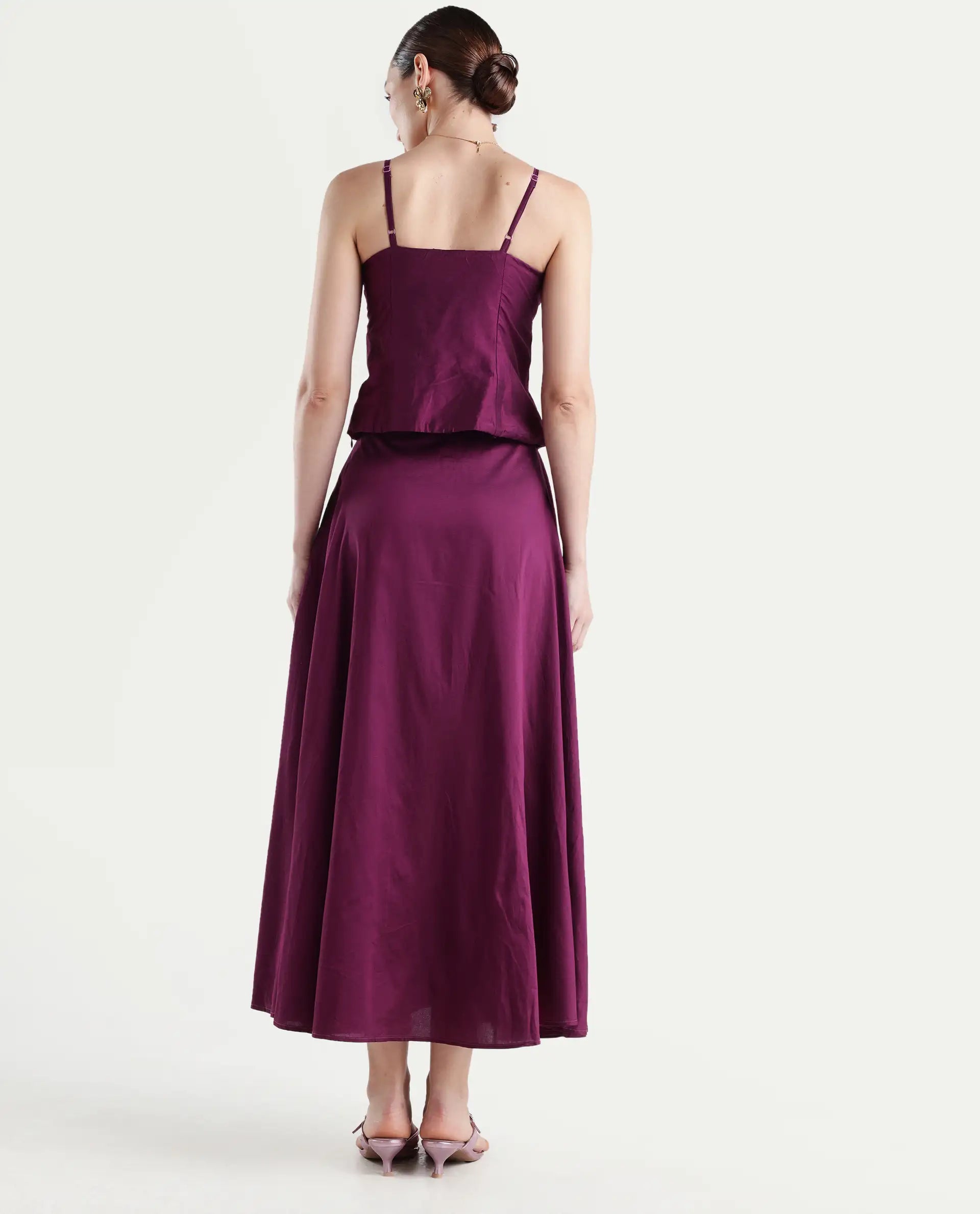 Rareism Women's Carfa B Purple Silk Plain Maxi Flared Skirt