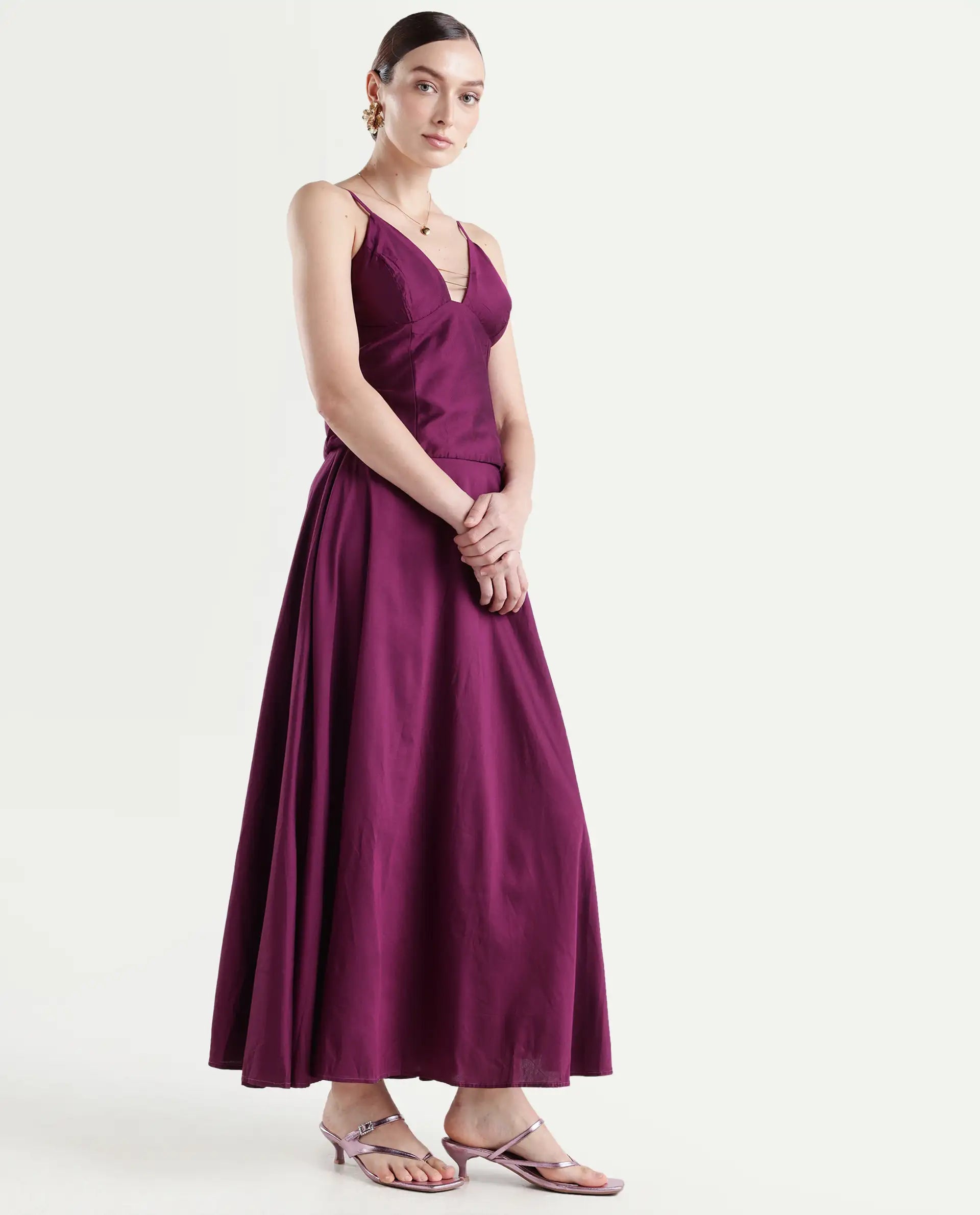 Rareism Women's Carfa B Purple Silk Plain Maxi Flared Skirt